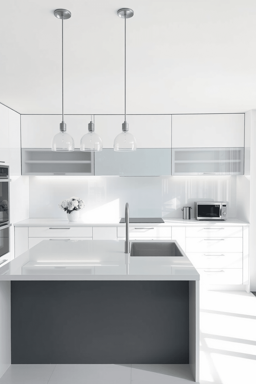 A bright and airy kitchen featuring sleek glass countertops that reflect natural light. The cabinetry is a soft white, complementing the minimalist design and creating a spacious atmosphere. A central island with matching glass countertops serves as a functional workspace and gathering area. Pendant lights hang above, adding a touch of elegance while illuminating the space.