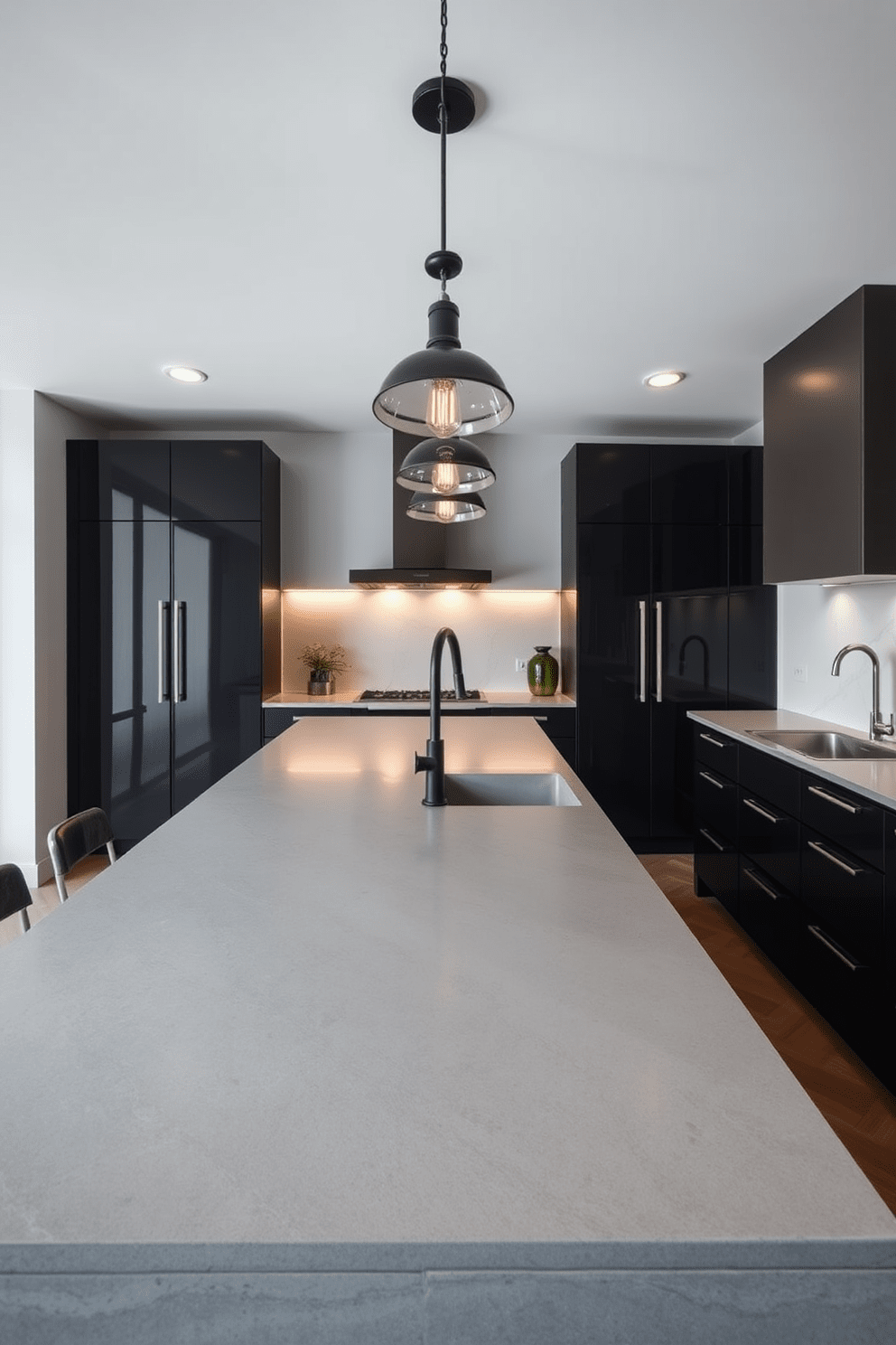 A modern kitchen featuring cement finishes that exude an urban vibe. The centerpiece is a large, polished cement countertop with sleek lines and a minimalist design. Surrounding the countertop are high-gloss cabinets in deep charcoal, creating a striking contrast. Industrial-style pendant lights hang above, illuminating the workspace with a warm glow.