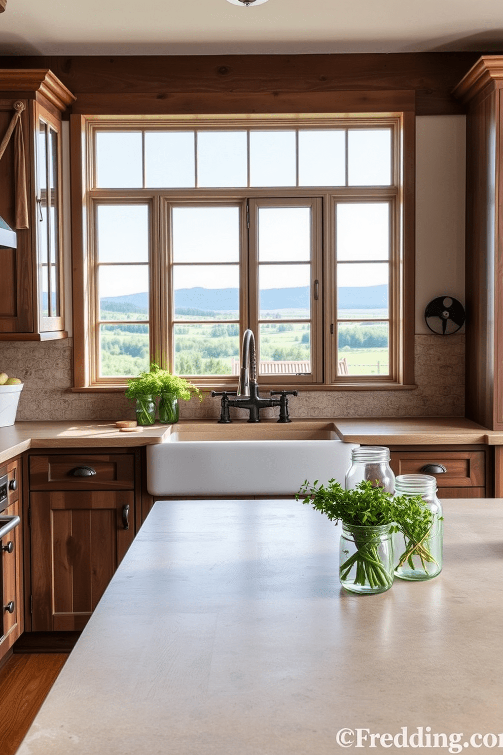 A rustic farmhouse kitchen features a large stone countertop with a weathered finish that complements the wooden cabinetry. The backsplash is adorned with vintage-inspired tiles, adding charm and character to the space. Natural light floods the room through a large window above the farmhouse sink, showcasing the beauty of the surrounding landscape. A collection of mason jars filled with fresh herbs sits on the countertop, enhancing the inviting atmosphere.