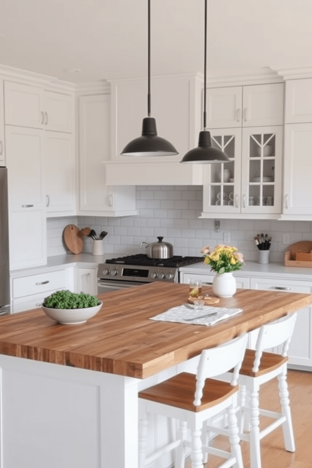 A cozy kitchen featuring a butcher block countertop that adds warmth and natural texture to the space. The cabinets are painted in a soft white, and the backsplash is adorned with classic subway tiles for a timeless look. The kitchen island is spacious and functional, with bar stools that invite casual dining. Pendant lights hang above the island, providing both illumination and a stylish focal point.