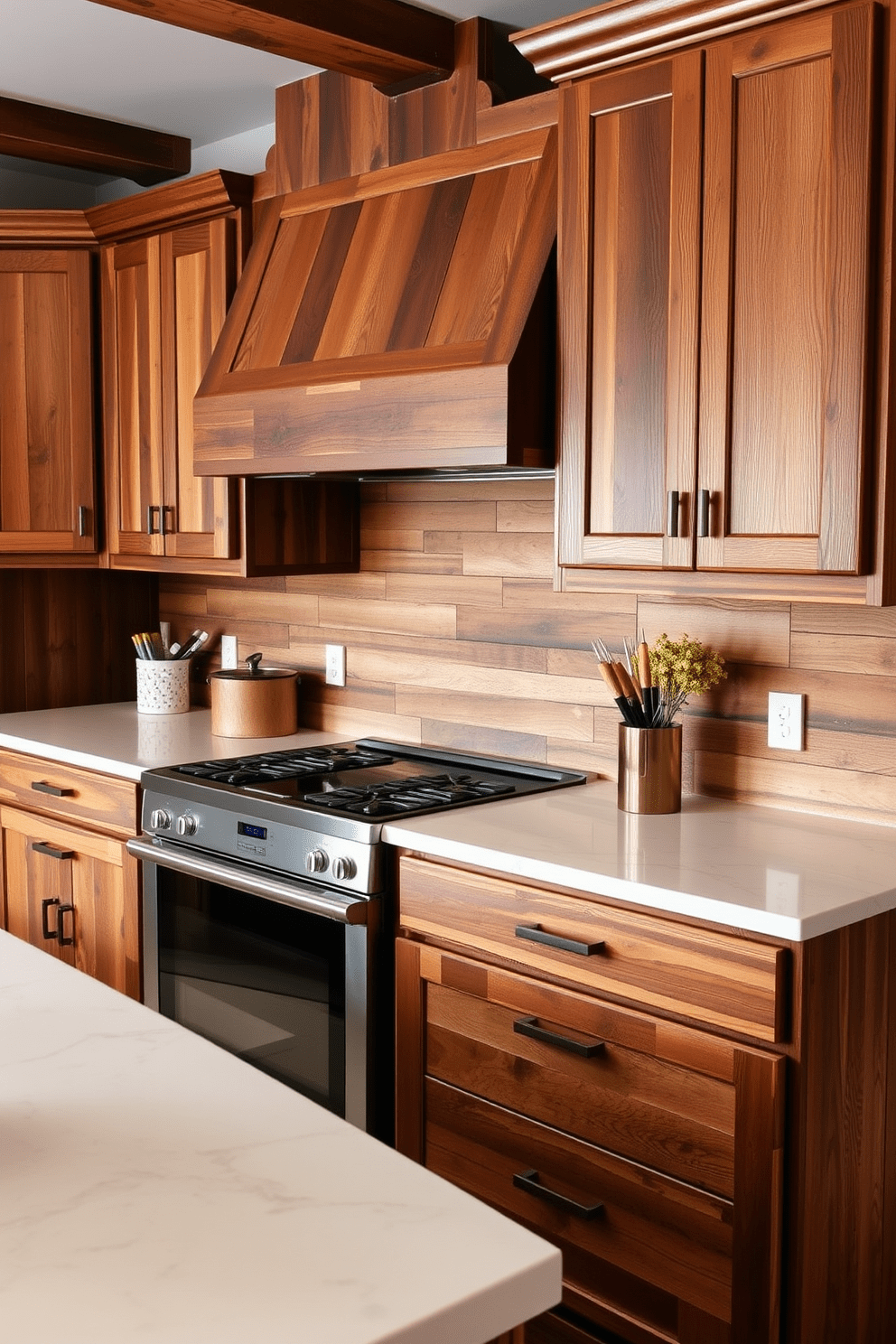 A cozy kitchen featuring reclaimed wood cabinets that add character and warmth to the space. The countertops are made of sleek quartz with subtle veining, providing a modern contrast to the rustic elements.