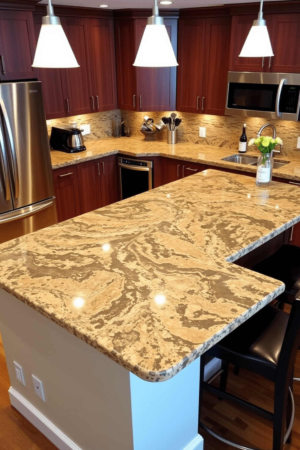 A stunning kitchen countertop featuring granite with bold veining patterns creates a striking visual impact. The rich colors of the granite complement sleek cabinetry and modern appliances, enhancing the overall elegance of the space. Incorporating an island with a matching granite countertop provides additional workspace and serves as a focal point. Stylish bar stools paired with the island create a perfect setting for casual dining and entertaining.