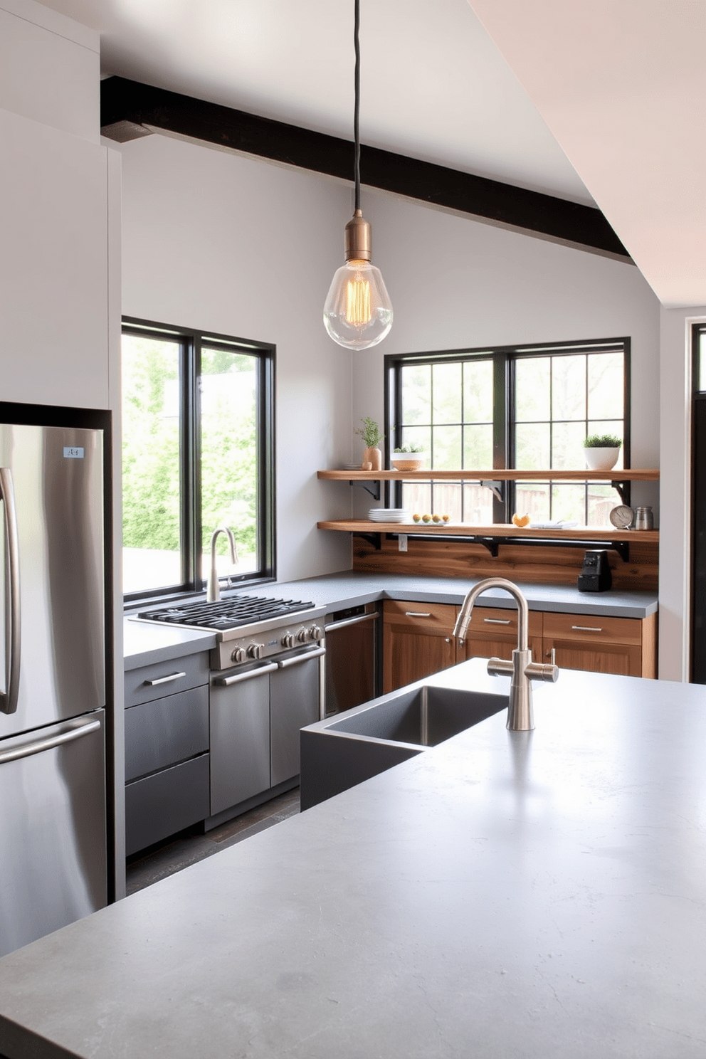 A sleek kitchen featuring concrete countertops that enhance the industrial aesthetic. The space is complemented by stainless steel appliances and open shelving made of reclaimed wood. Large windows allow natural light to flood the room, highlighting the raw textures of the concrete. Pendant lights with an Edison bulb design hang above the countertop, adding warmth to the modern space.