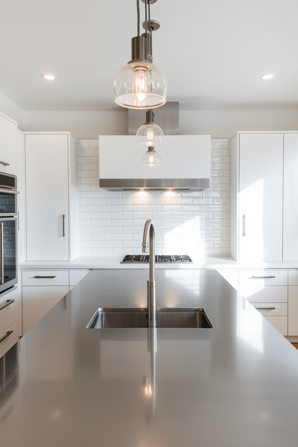 A sleek kitchen setting featuring a stainless steel countertop that reflects light beautifully. The cabinetry is minimalist with clean lines, and a large island in the center provides ample workspace. The backsplash is a glossy white subway tile that complements the stainless steel while adding a touch of brightness. Modern pendant lights hang above the island, creating a warm and inviting atmosphere.