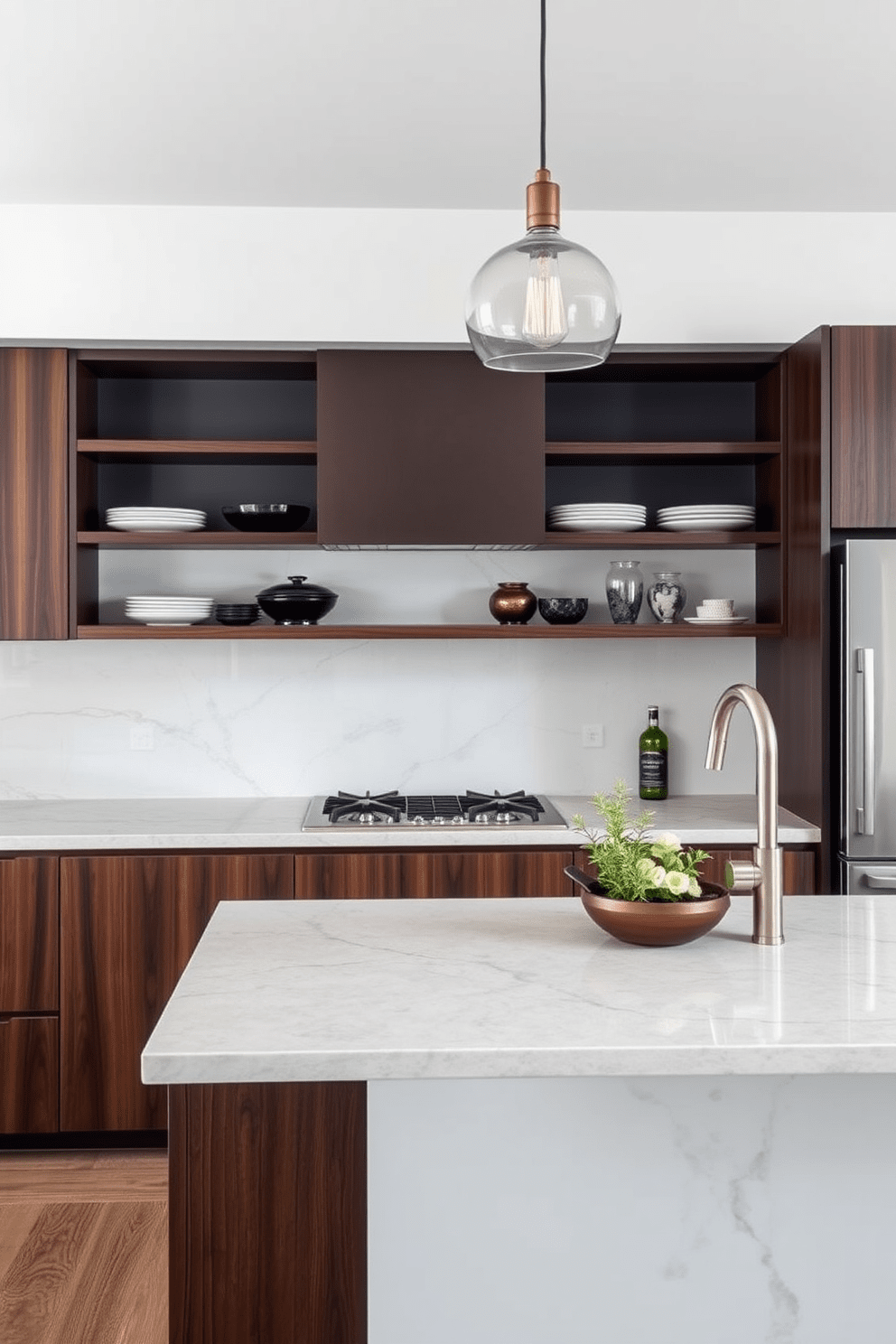 A sleek kitchen design featuring a soapstone countertop that showcases its unique texture and rich veining. The cabinetry is a mix of dark wood and white finishes, creating a modern contrast that enhances the overall aesthetic. Incorporate open shelving above the countertop to display stylish dishware and decorative items. Pendant lighting hangs above the island, adding warmth and elegance to the cooking space.