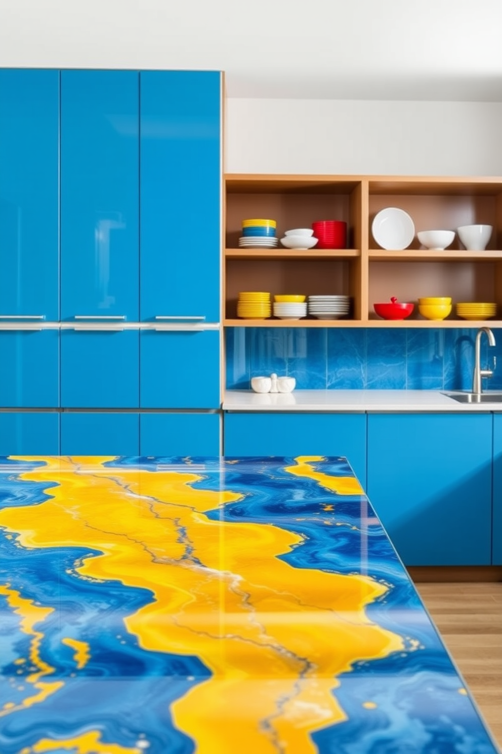 A modern kitchen featuring laminate surfaces in vibrant colors and bold patterns. The countertop showcases a stunning blend of bright blues and yellows with a glossy finish that reflects light beautifully. The cabinetry is sleek and minimalistic, complementing the lively countertop design. Open shelving displays colorful dishware, adding to the overall cheerful ambiance of the space.