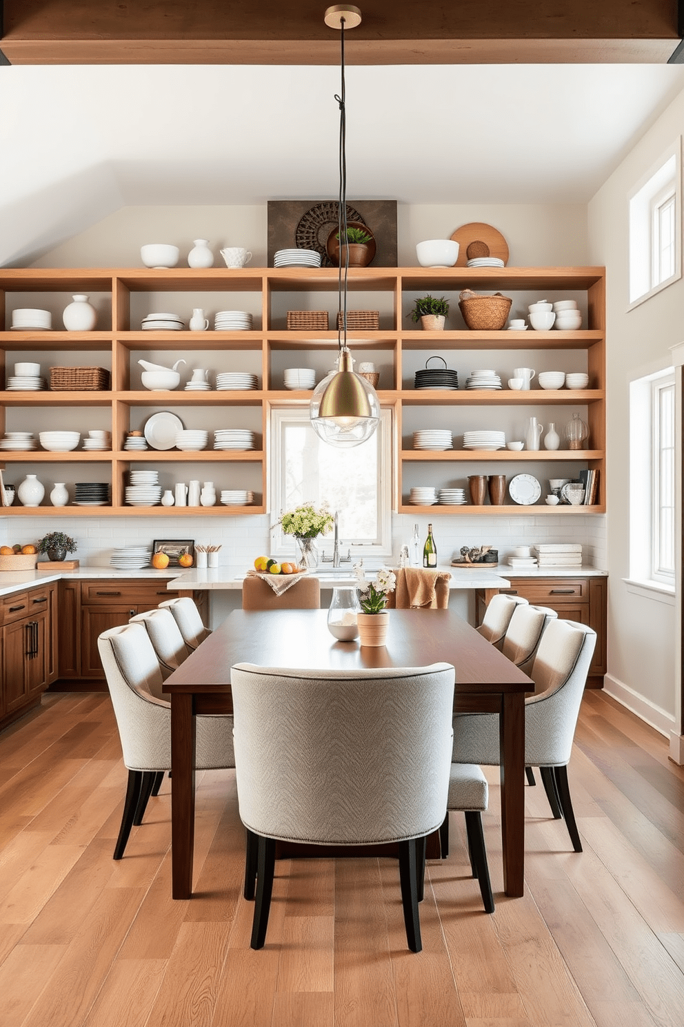 Open shelving creates an inviting and functional kitchen dining room combo. The shelves are filled with neatly arranged dishware and decorative items, enhancing both style and accessibility. A large dining table sits in the center, surrounded by comfortable chairs that complement the overall aesthetic. Pendant lights hang above the table, providing a warm glow for family meals and gatherings.