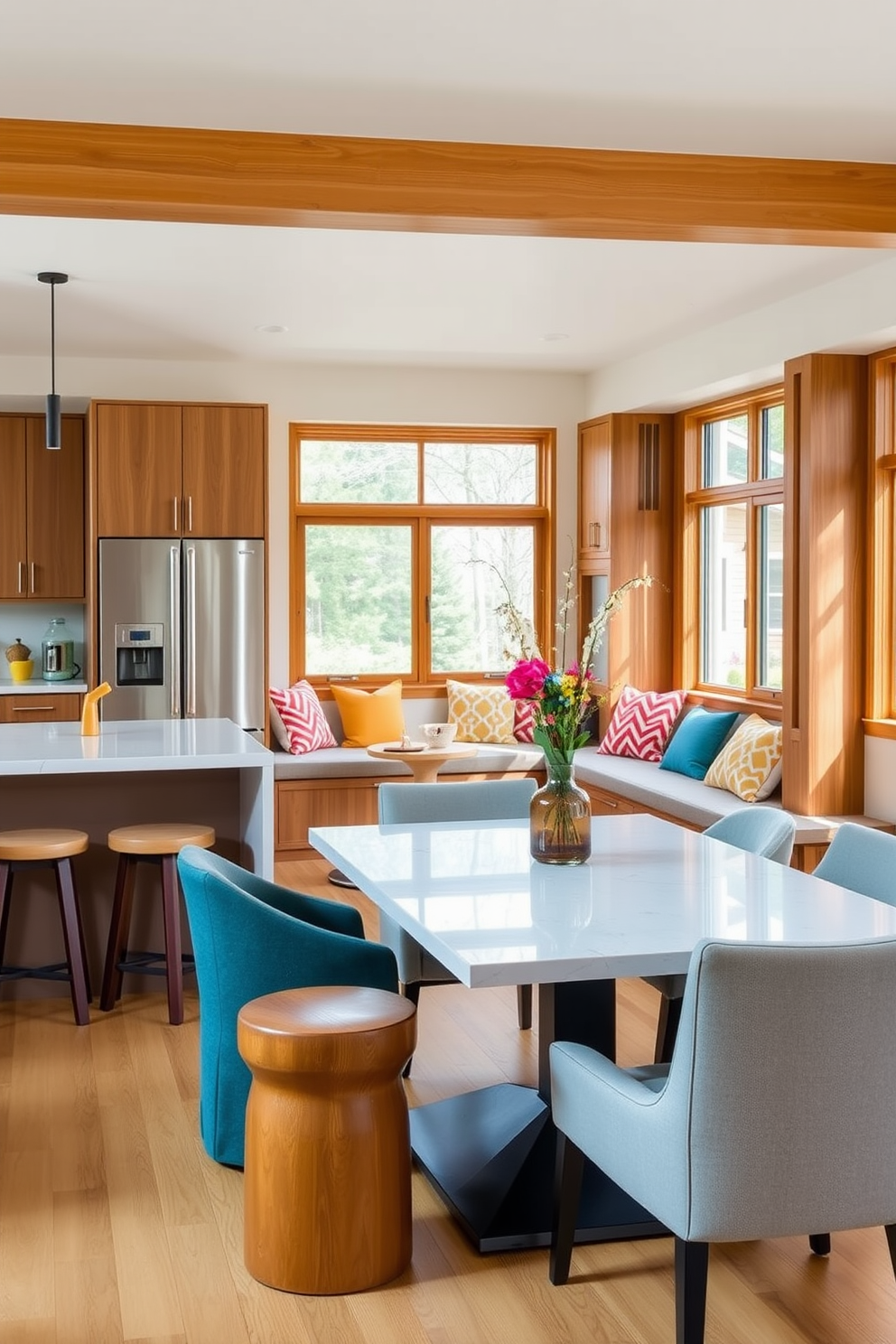 A stylish kitchen dining room combo with a mix of seating styles. Incorporate a sleek modern dining table surrounded by a combination of upholstered chairs and wooden stools for a dynamic look. The space features an open layout with a cozy nook that includes a bench seat adorned with colorful cushions. Natural light floods the area through large windows, highlighting the warm wood tones and vibrant decor.