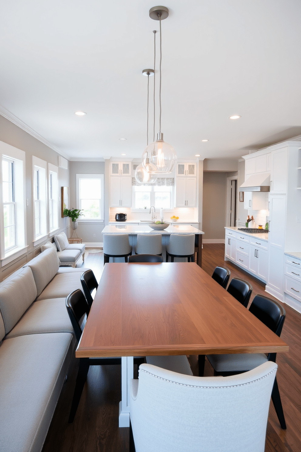 A modern kitchen dining room combo featuring built-in benches along one wall for extra seating. The benches are upholstered in a soft gray fabric, complemented by a large wooden dining table at the center, surrounded by stylish chairs. The kitchen area showcases sleek white cabinetry with brushed nickel handles and a spacious island that doubles as a breakfast bar. Pendant lights hang above the island, providing warm illumination and enhancing the inviting atmosphere of the space.