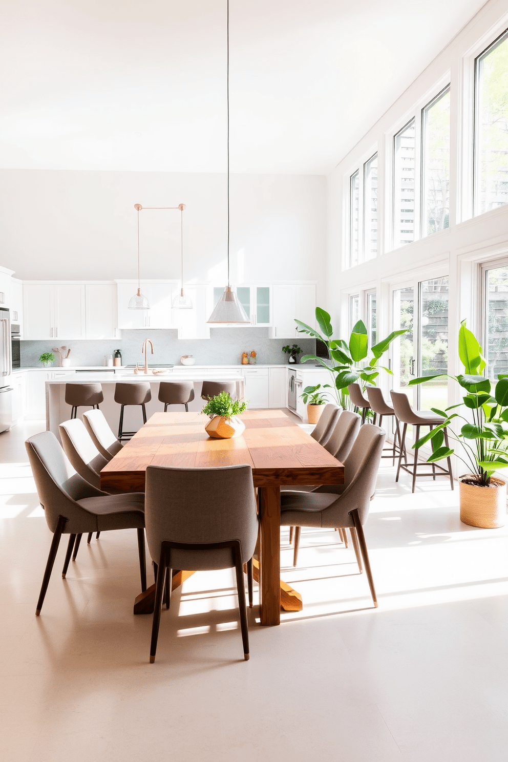 A bright and airy kitchen dining room combo with large windows allowing natural light to flood the space. The kitchen features sleek white cabinetry and a large island with a quartz countertop, complemented by stylish bar stools. In the dining area, a rustic wooden table is surrounded by upholstered chairs, creating a warm and inviting atmosphere. Lush green plants are strategically placed throughout the room, adding a fresh and vibrant touch to the design.