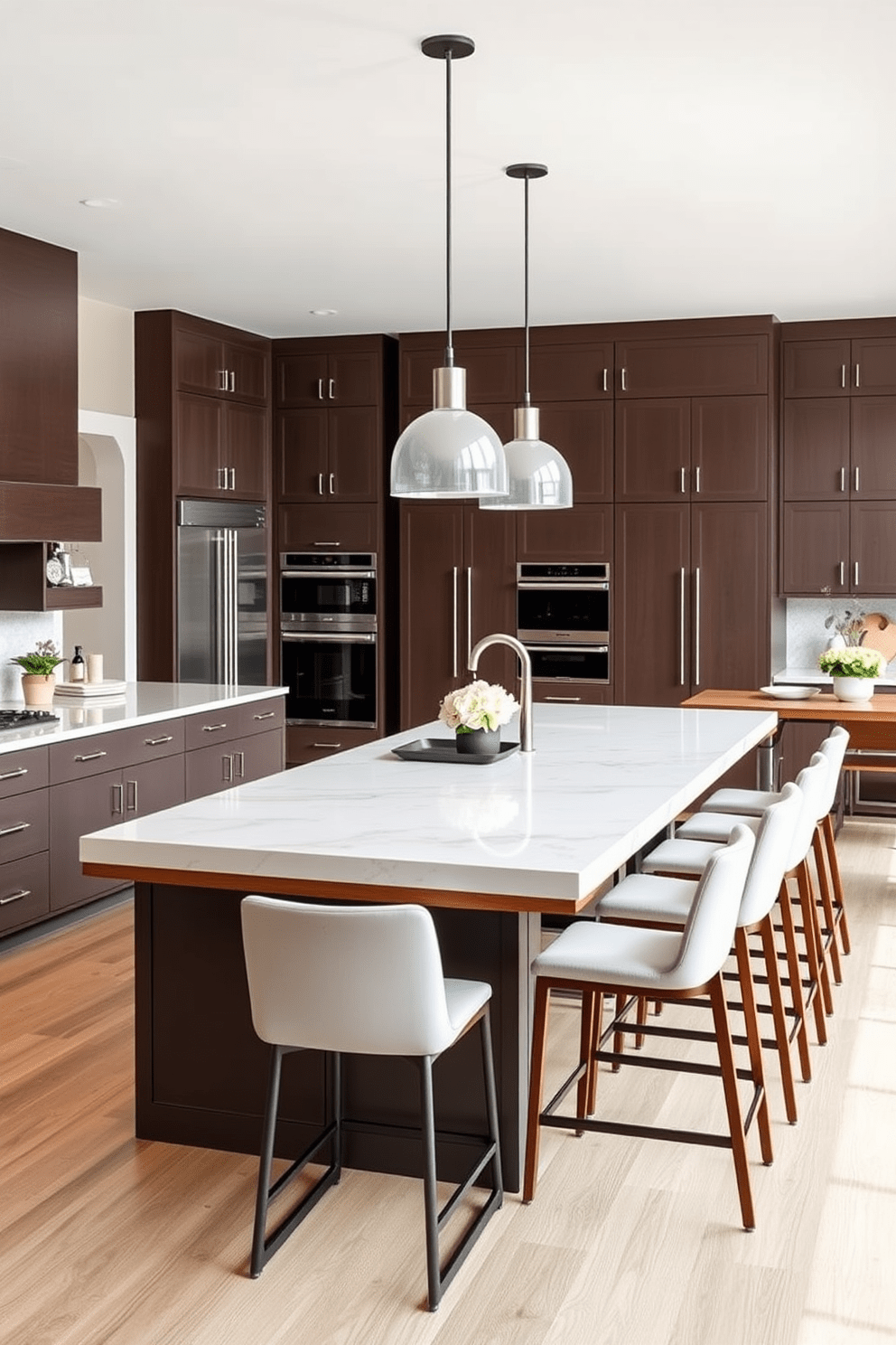 A large kitchen island serves as the focal point of this open-concept space, providing ample prep space and seating for casual dining. The island features a sleek quartz countertop and is surrounded by stylish bar stools, creating a welcoming atmosphere for family and friends. Adjacent to the island, the dining area boasts a modern wooden table that complements the kitchen's cabinetry. Large pendant lights hang above the table, illuminating the space and enhancing the overall aesthetic of the kitchen dining room combo.