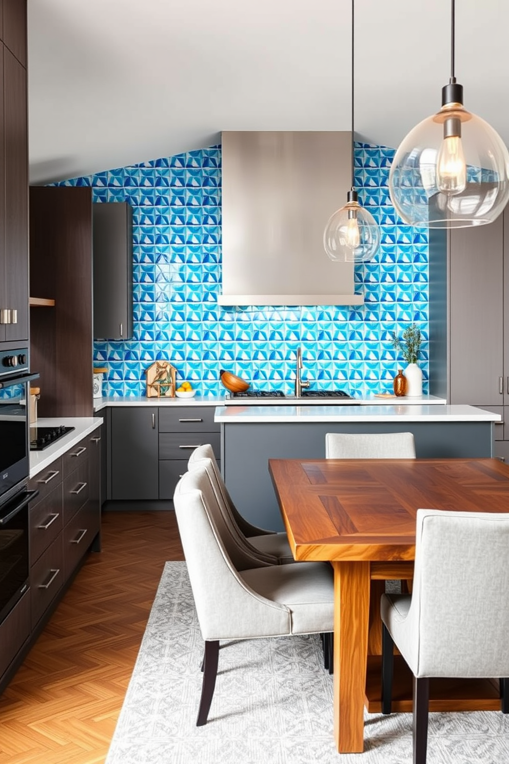 A striking kitchen dining room combo features a bold geometric backsplash in vibrant blue and white tiles that create a stunning focal point. The cabinetry is sleek and modern, complemented by a spacious island that invites casual dining and entertaining. The dining area is defined by a large wooden table surrounded by upholstered chairs, offering a cozy yet stylish atmosphere. Pendant lights hang gracefully above the table, enhancing the overall ambiance with warm illumination.