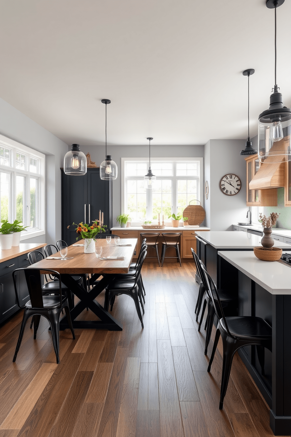 A stylish kitchen dining room combo featuring a rustic wooden dining table surrounded by modern metal chairs. The kitchen showcases sleek cabinetry with a blend of matte black and natural wood finishes, complemented by a large island with a white quartz countertop. Large windows allow natural light to flood the space, highlighting a mix of pendant lights with industrial and farmhouse designs. The walls are adorned with a subtle gray paint, while decorative elements like potted herbs and a vintage clock add warmth and character.