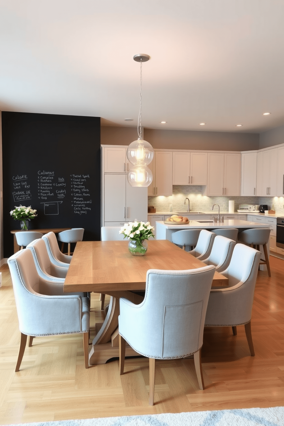 A modern kitchen dining room combo featuring a spacious layout with a large wooden dining table surrounded by upholstered chairs. The kitchen area boasts sleek cabinetry with a chalkboard wall for notes, adding a functional and playful touch to the space. The walls are painted in a soft gray, while the flooring consists of warm hardwood for a cozy atmosphere. Pendant lights hang above the dining table, illuminating the area and creating an inviting ambiance for family gatherings.