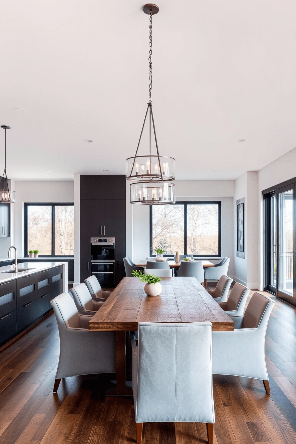 A contemporary kitchen dining room combo featuring an open layout. The kitchen showcases sleek cabinetry with a large island topped with quartz, while elegant pendant lighting hangs above the island to create a warm ambiance. The dining area includes a stylish wooden table surrounded by upholstered chairs, perfectly positioned under a statement chandelier. Large windows allow natural light to flood the space, enhancing the inviting atmosphere.