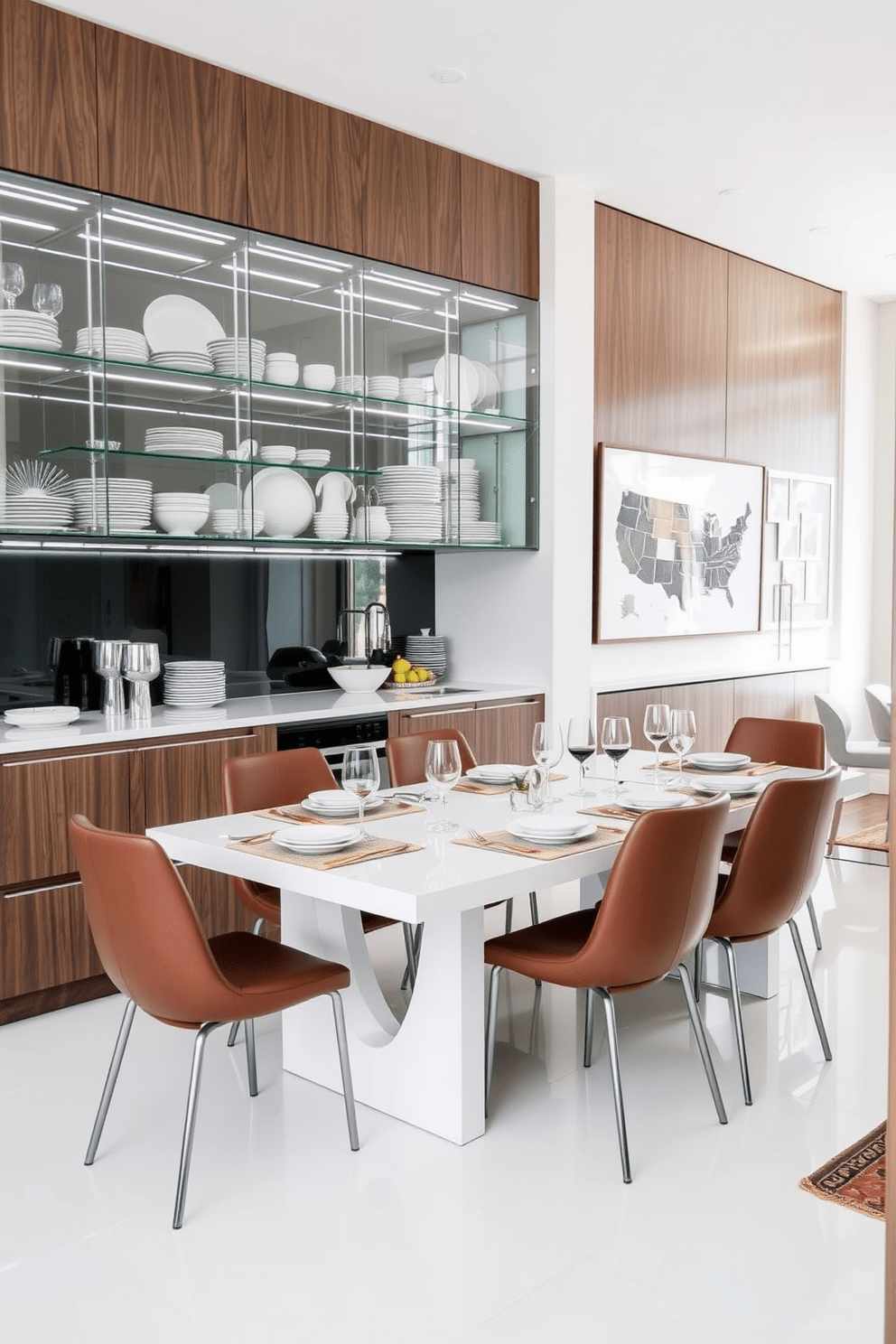 A modern kitchen dining room combo featuring sleek glass cabinets that elegantly showcase a curated collection of dishware. The space is bright and airy, with a large dining table set for six, surrounded by stylish chairs that complement the contemporary aesthetic.