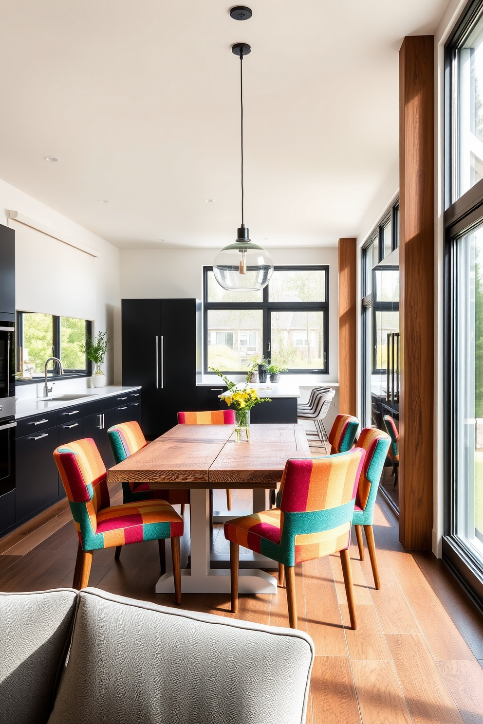 A modern kitchen dining room combo featuring sleek black cabinets paired with a bright white island. The dining area includes a rustic wooden table surrounded by colorful upholstered chairs that add a vibrant touch to the space. Large windows allow natural light to flood the room, enhancing the warm tones of the wooden accents. A stylish pendant light hangs above the dining table, creating a focal point that complements the overall design.