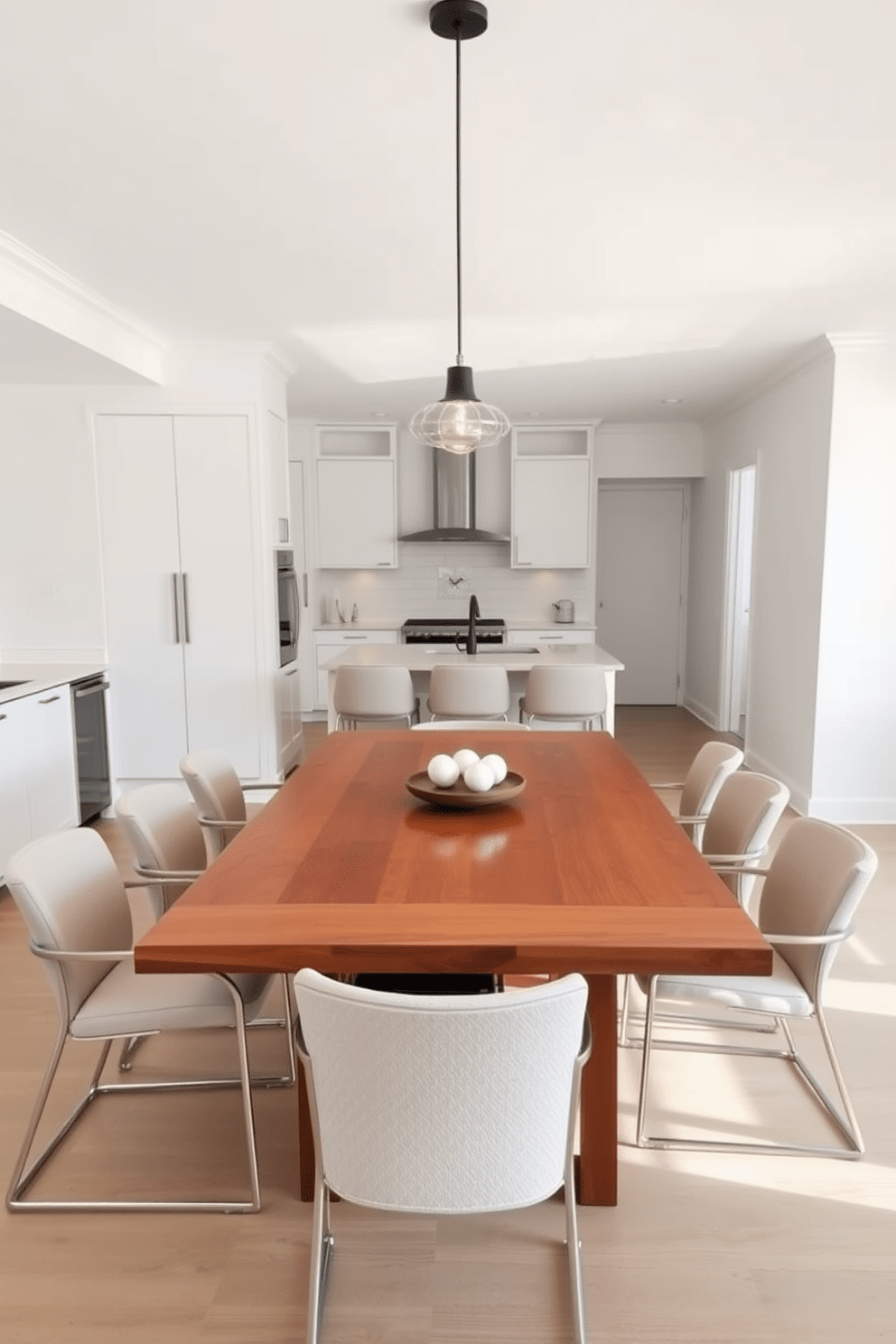 A sleek rectangular table made of polished wood is the centerpiece of the kitchen dining room combo. Surrounding the table are minimalist chairs with metal frames and soft fabric upholstery, creating a harmonious blend of comfort and style. The walls are painted in a crisp white, enhancing the brightness of the space. A statement pendant light hangs above the table, providing warmth and an inviting atmosphere for family meals.