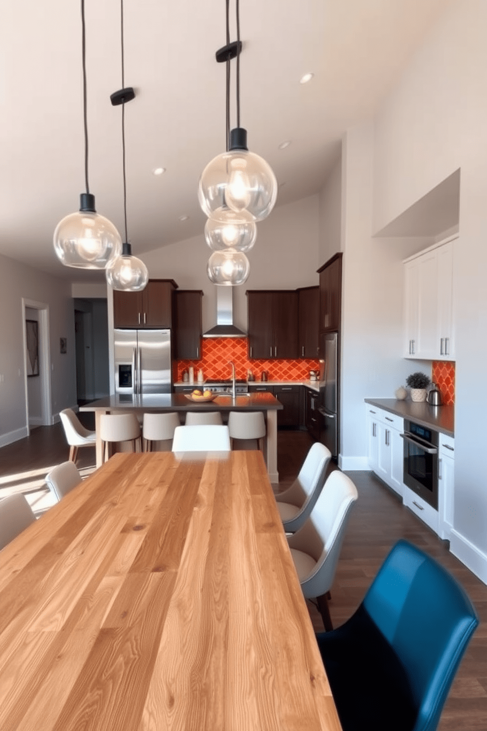 Bright pendant lights hang elegantly above a large wooden dining table, casting a warm glow over the space. The dining area features a mix of modern and rustic elements, with stylish chairs that complement the table's natural finish. The kitchen seamlessly flows into the dining room, showcasing sleek cabinetry and stainless steel appliances. A vibrant backsplash adds a pop of color, enhancing the inviting atmosphere of the combined space.