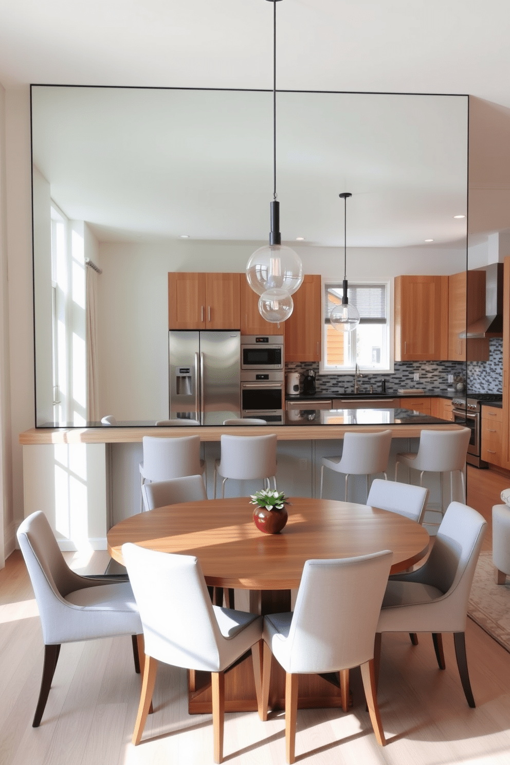 A spacious kitchen dining room combo featuring a large mirror that reflects natural light and creates an airy atmosphere. The dining area includes a sleek wooden table surrounded by upholstered chairs, while the kitchen showcases modern appliances and a stylish backsplash. The walls are painted in a soft neutral tone, complementing the warm wood tones of the furniture. Pendant lights hang above the dining table, adding a touch of elegance to the space.