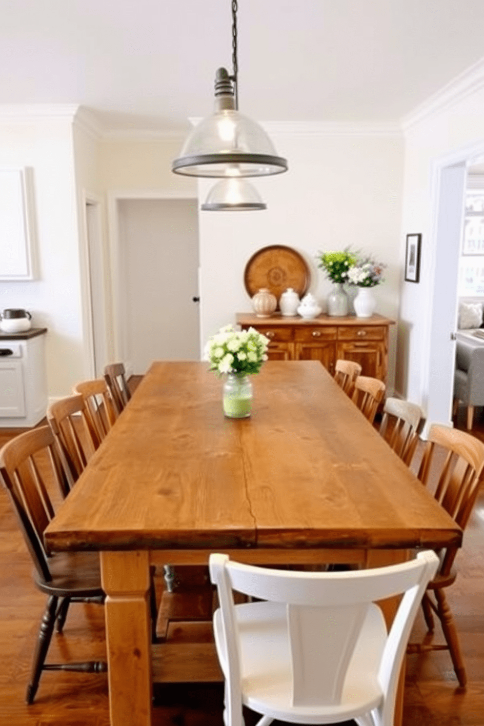 A large farmhouse table takes center stage in a warm and inviting kitchen dining room combo. Surrounding the table are mismatched wooden chairs that add character, while pendant lights hang above, casting a soft glow over the space. The walls are painted in a soft cream color, enhancing the cozy atmosphere. A rustic sideboard against one wall displays decorative dishware and fresh flowers, completing the charming farmhouse aesthetic.