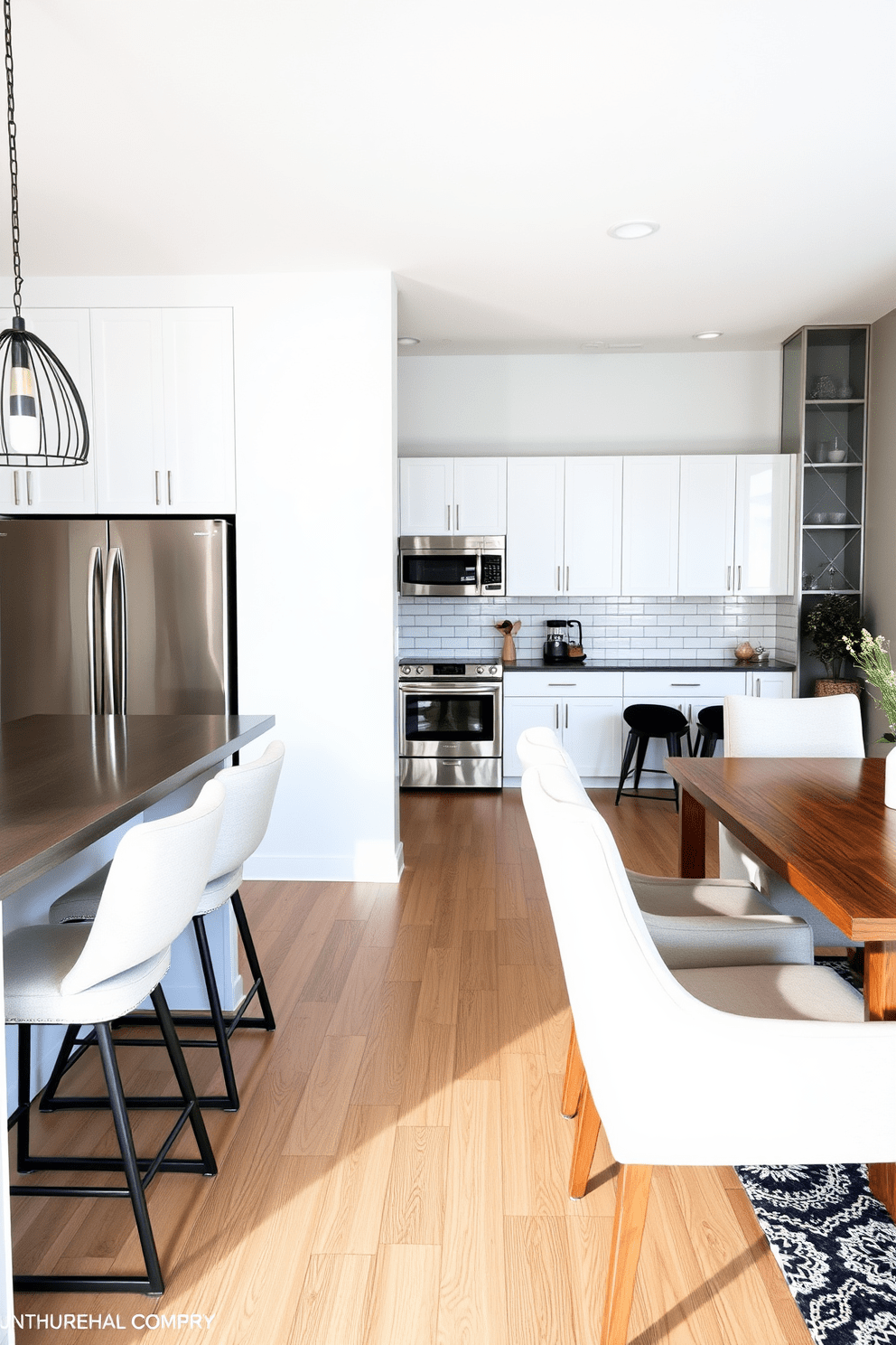 A modern kitchen dining room combo featuring a sleek breakfast bar with high stools on one side. The kitchen has white cabinets with stainless steel appliances, while the dining area showcases a wooden table surrounded by upholstered chairs.