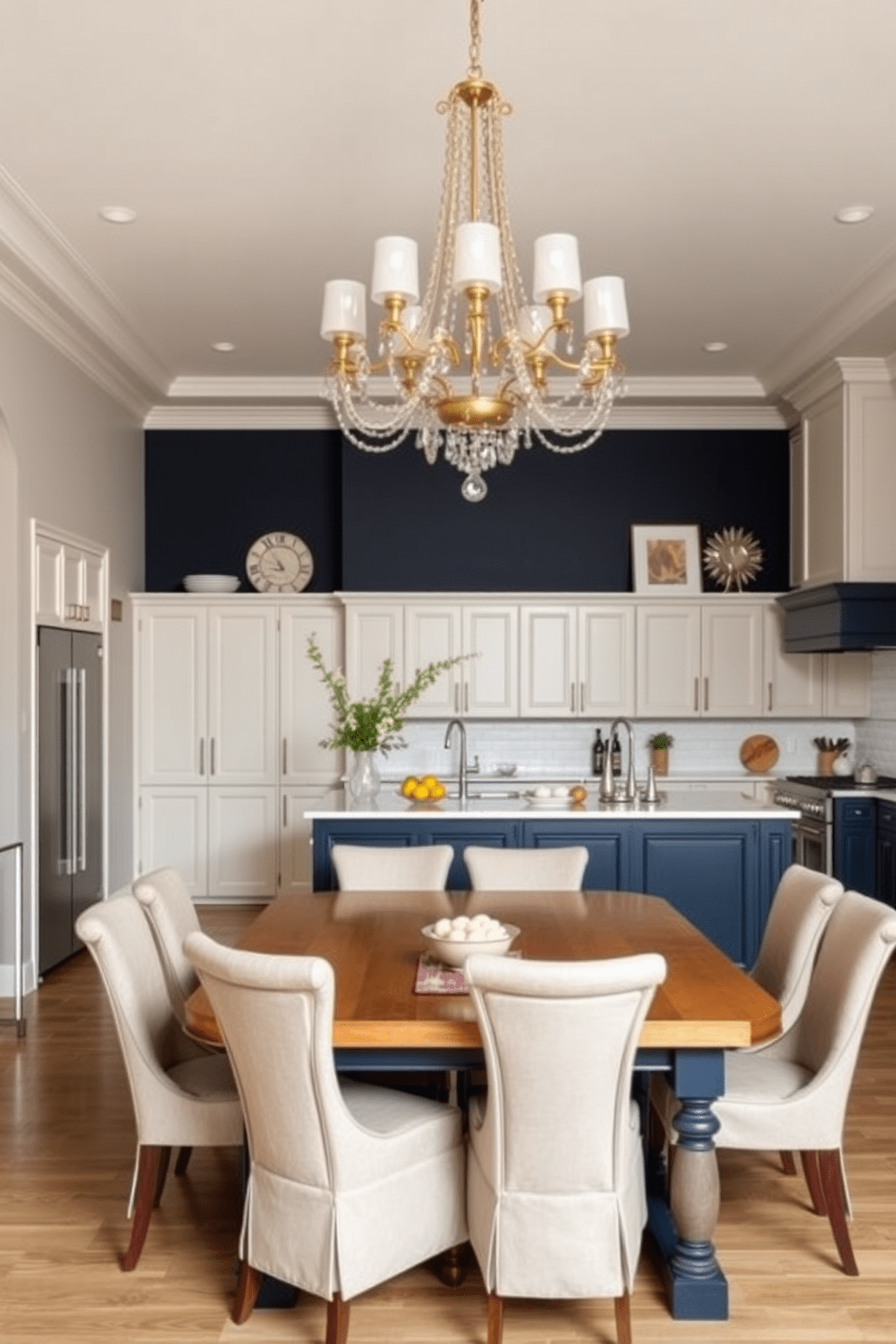 A harmonious kitchen dining room combo featuring a blend of soft beige and deep navy blue tones. The cabinetry is a crisp white, complemented by a navy blue island with gold hardware for an elegant touch. The dining area showcases a large wooden table surrounded by upholstered chairs in a light beige fabric. A statement chandelier hangs above the table, adding warmth and sophistication to the space.