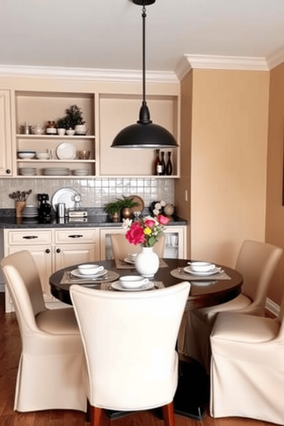 A cozy kitchen dining room combo featuring a round table designed for small spaces. The table is surrounded by upholstered chairs in a soft pastel color, creating an inviting atmosphere for meals. The walls are painted in a warm beige, complemented by open shelving displaying stylish dishware. A pendant light hangs above the table, adding a touch of elegance and enhancing the intimate setting.