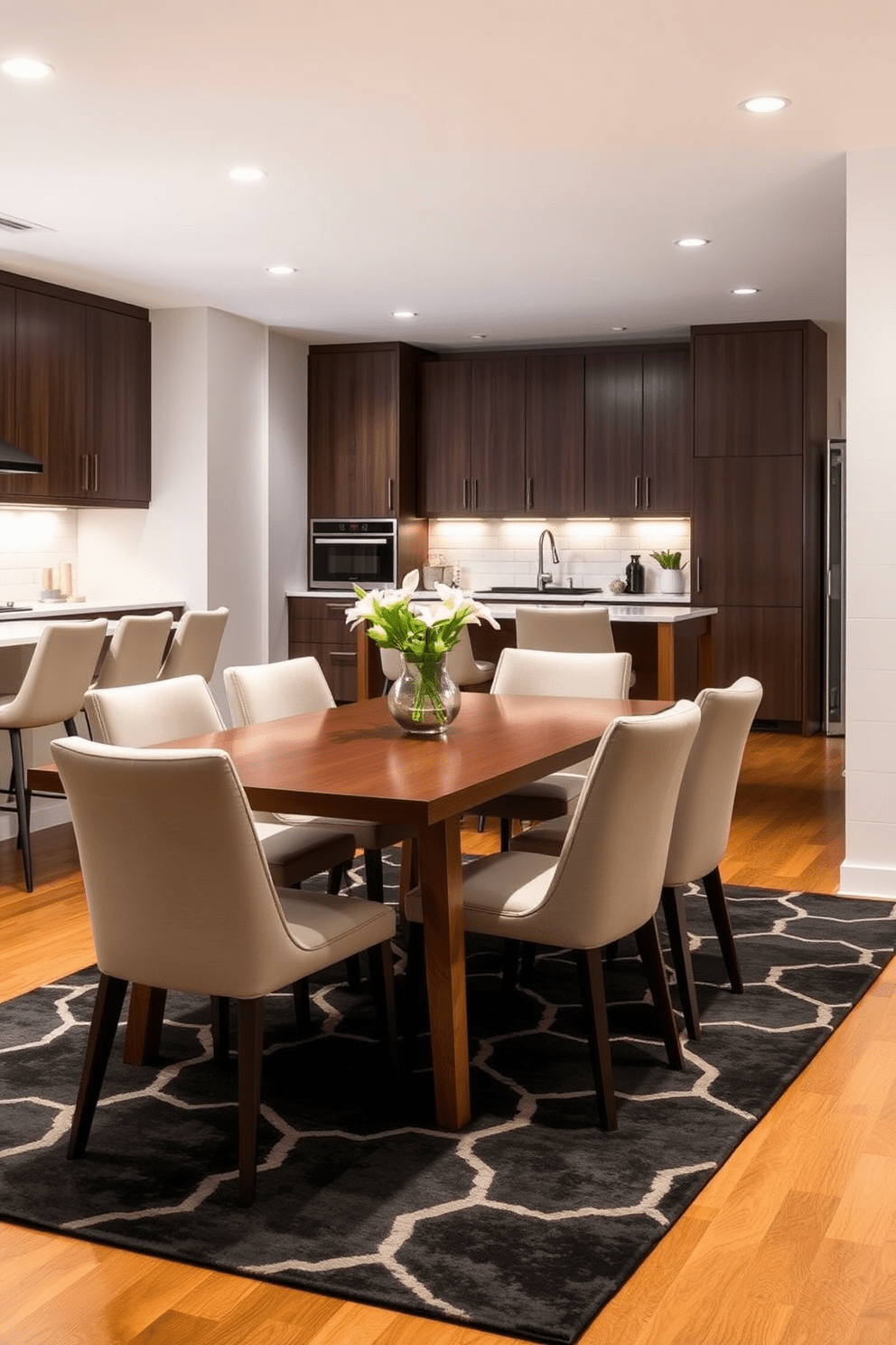 A modern kitchen dining room combo featuring a sleek wooden dining table surrounded by stylish upholstered chairs. A statement rug with bold geometric patterns anchors the dining area, adding warmth and texture to the space.