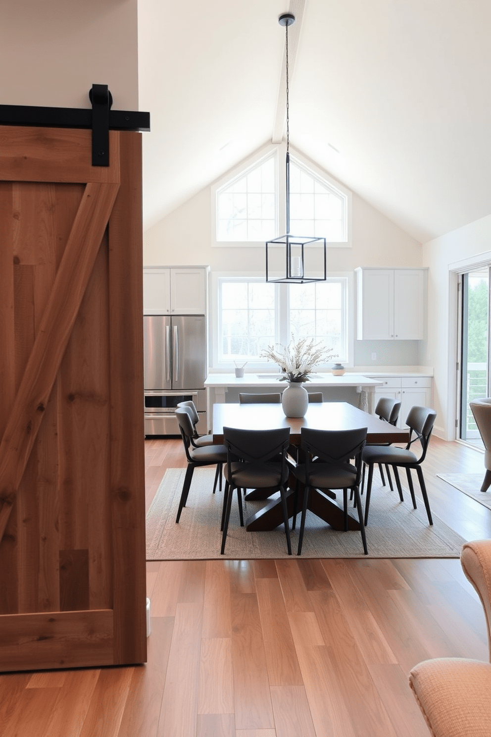 A modern kitchen dining room combo featuring a sliding barn door that adds rustic charm. The kitchen has sleek cabinetry with a large island in the center, complemented by stylish bar stools. The dining area includes a wooden table surrounded by comfortable chairs, creating an inviting space for family gatherings. Large windows allow natural light to flood the room, enhancing the warm color palette of soft whites and earthy tones.