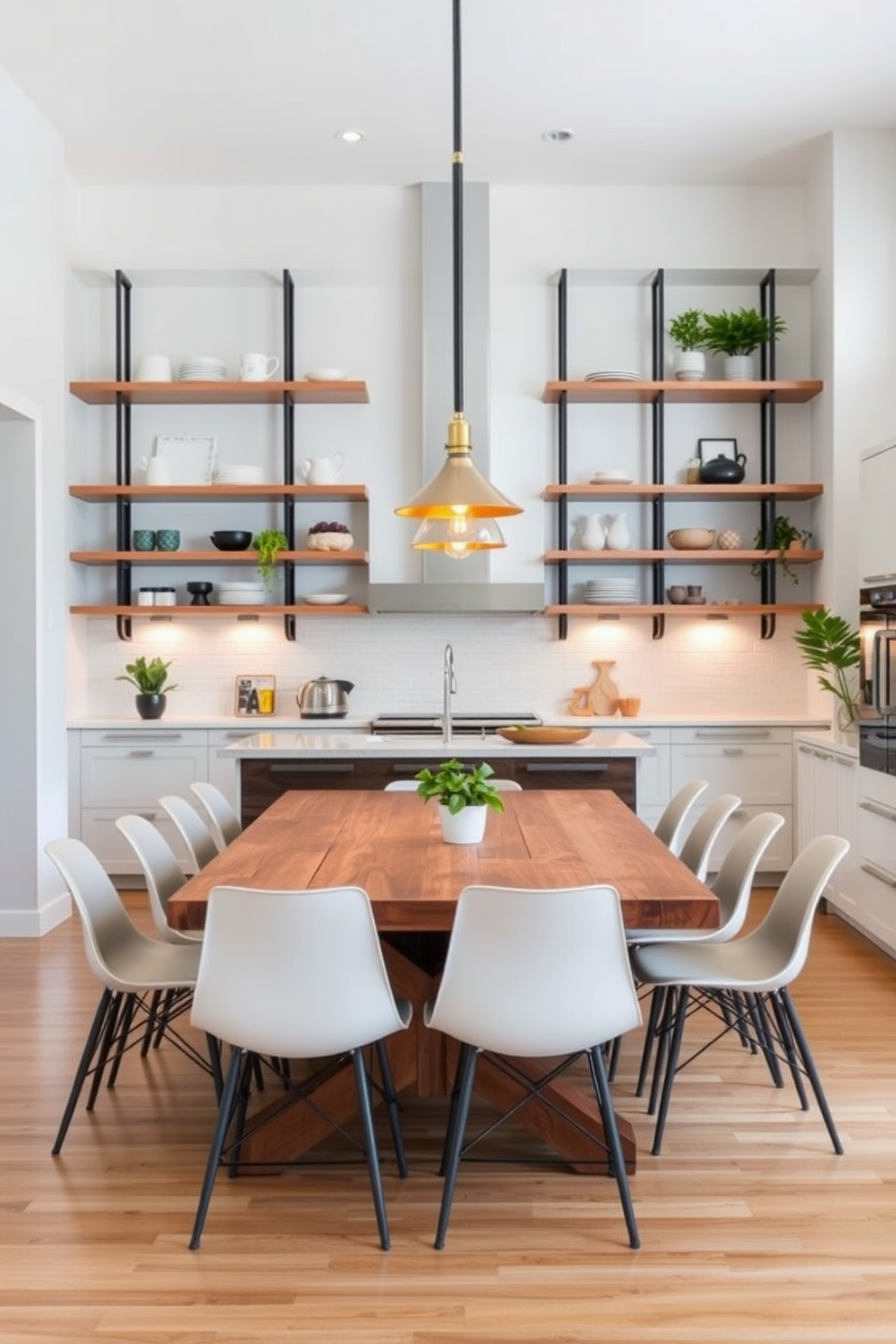 Open shelving creates an inviting and modern atmosphere in the kitchen dining room. The shelves are filled with stylish dishware, plants, and decorative items, enhancing the overall aesthetic. A large dining table made of reclaimed wood sits in the center, surrounded by sleek, minimalist chairs. Pendant lights hang above the table, casting a warm glow that complements the open shelving design.