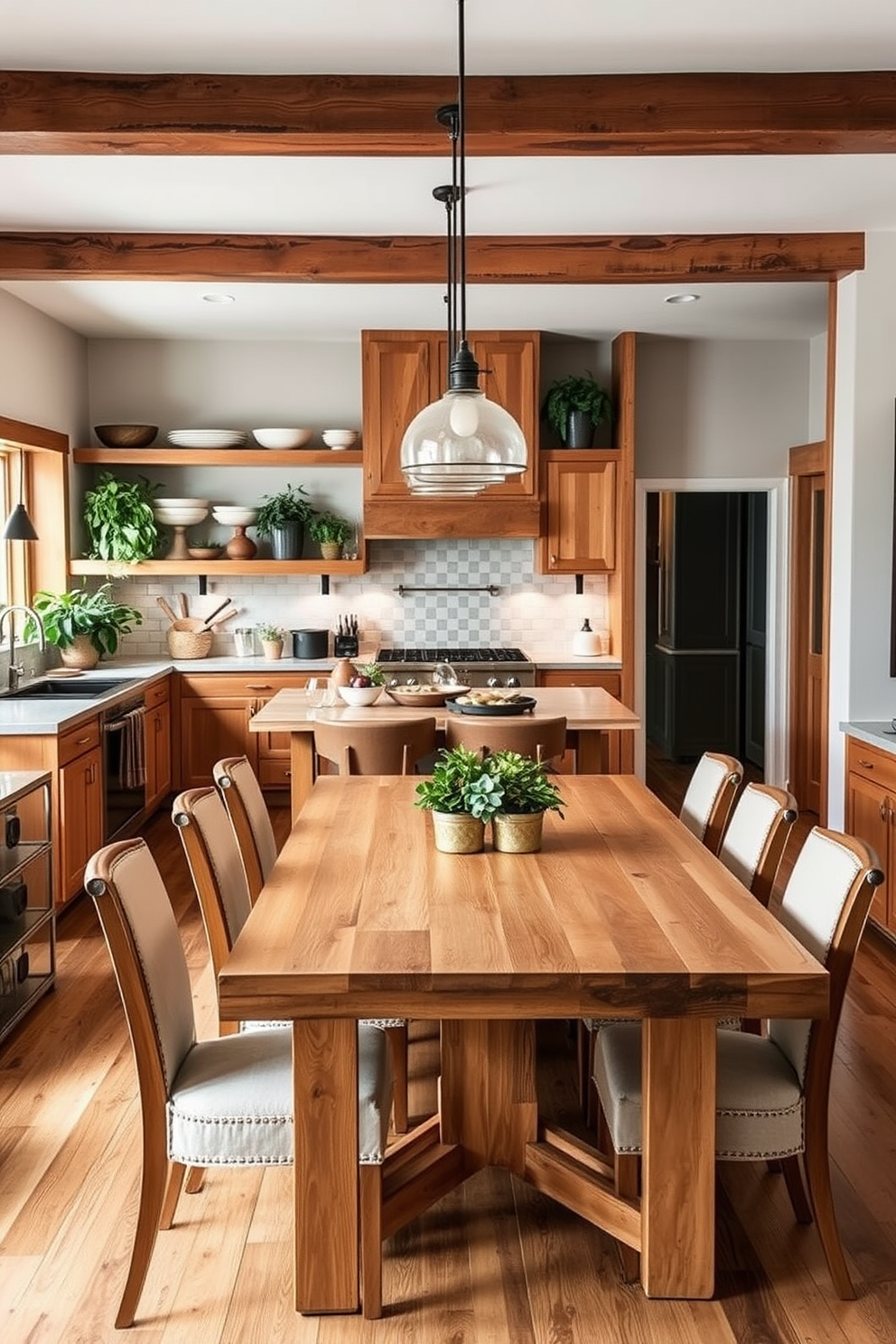 A cozy kitchen dining room featuring natural wood finishes that create a warm and inviting atmosphere. The space includes a large wooden dining table surrounded by comfortable upholstered chairs, with soft lighting from pendant fixtures above. The walls are adorned with open shelving displaying rustic dishware and plants for a touch of greenery. A hardwood floor complements the wooden accents, enhancing the overall warmth of the design.