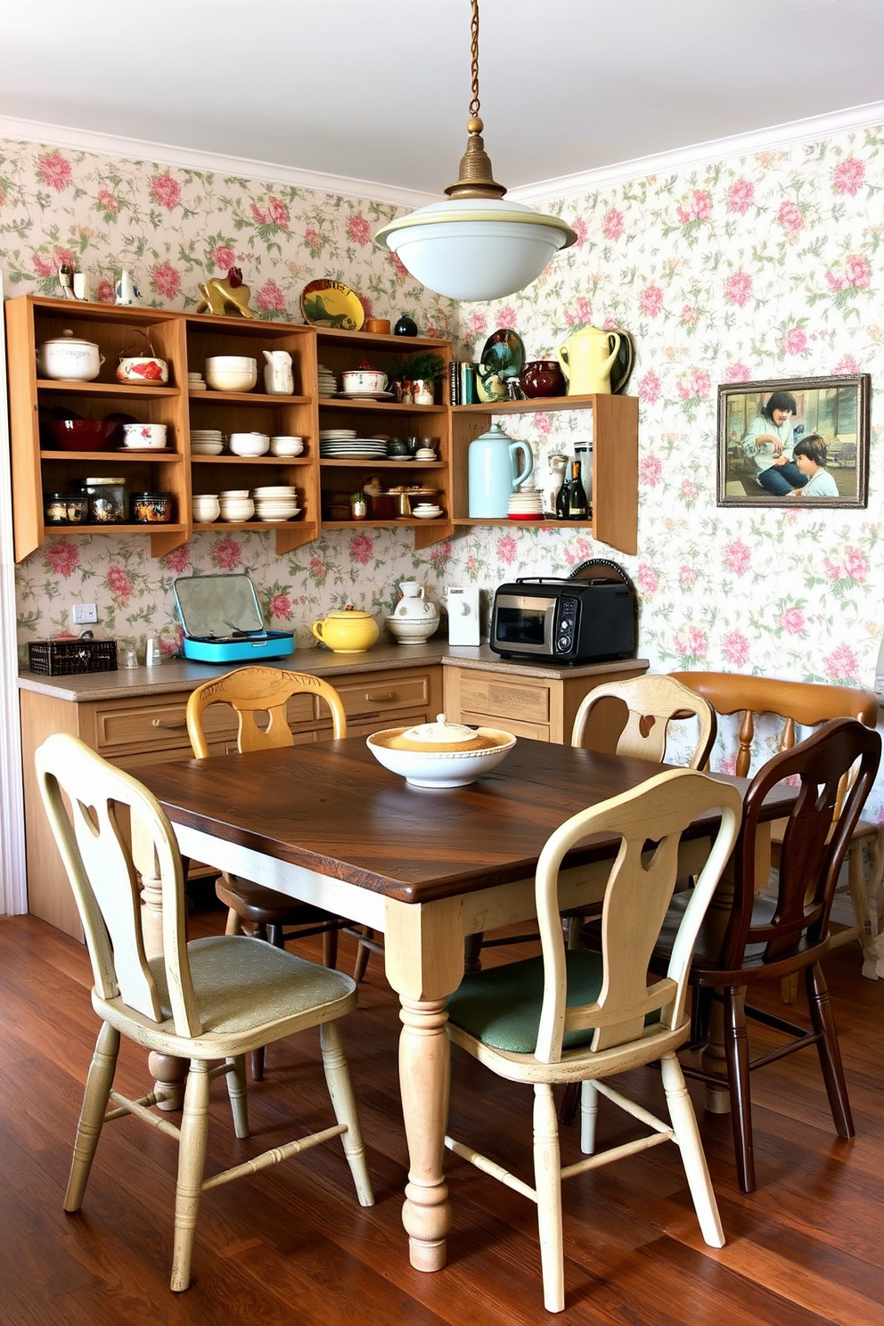 A vintage kitchen dining room filled with nostalgic charm. The space features a rustic wooden dining table surrounded by mismatched antique chairs, each with its own unique character. The walls are adorned with vintage floral wallpaper in soft pastel colors. A collection of retro kitchenware is displayed on open shelves, adding to the overall warmth of the room.