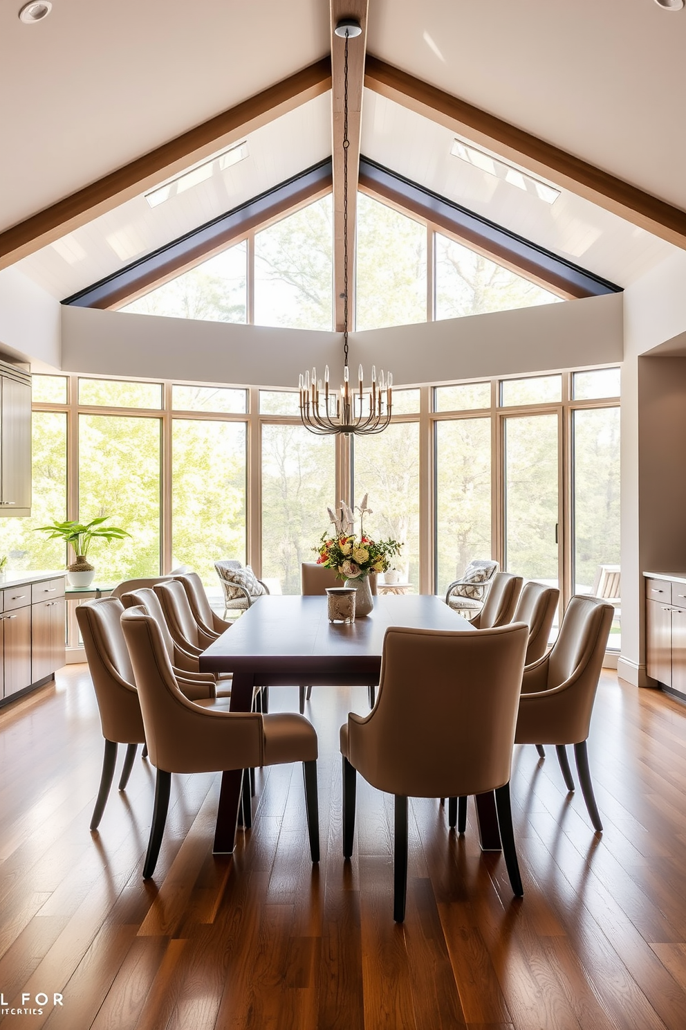 A spacious kitchen dining room filled with natural light from large floor-to-ceiling windows. The room features a modern wooden dining table surrounded by elegant upholstered chairs, creating a warm and inviting atmosphere.