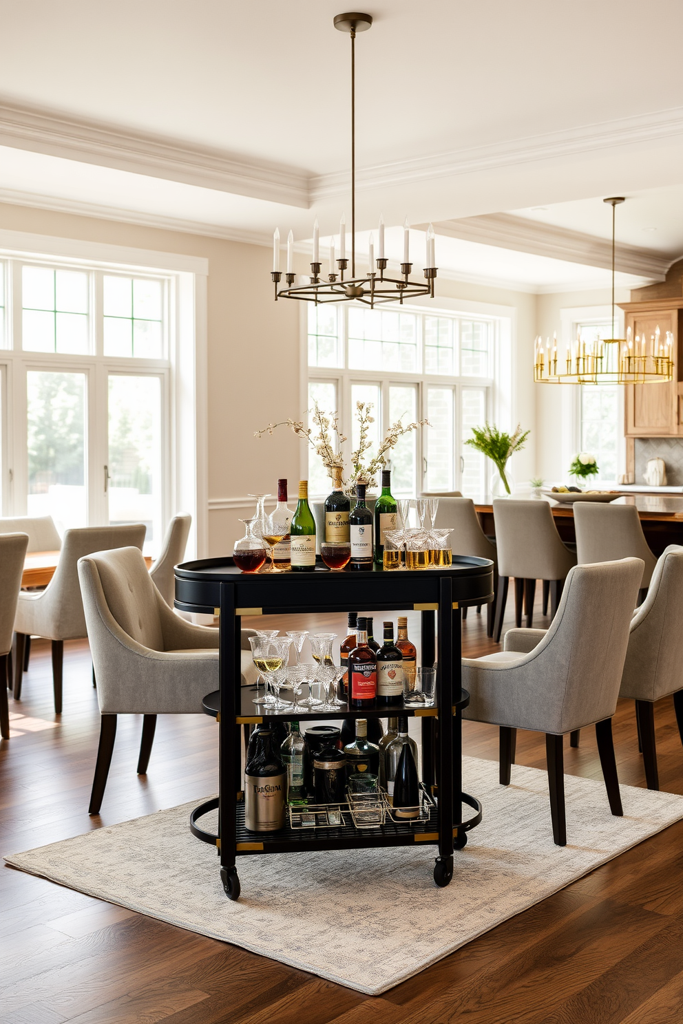 A stylish bar cart for entertaining guests. The cart features a sleek black frame with gold accents, topped with a variety of premium spirits and elegant glassware. The kitchen dining room design includes a large wooden table surrounded by upholstered chairs in a soft gray fabric. A modern chandelier hangs above, casting a warm glow over the space, while large windows allow natural light to flood in.