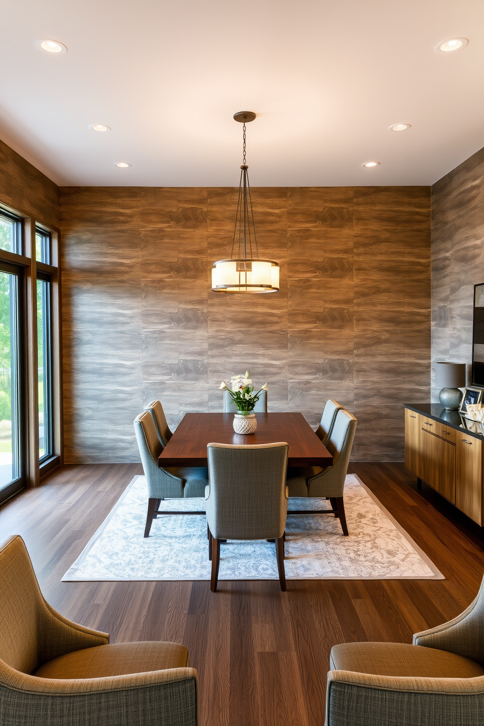 Textured wall panels create a stunning focal point in the kitchen dining room. The space features a large wooden dining table surrounded by upholstered chairs, complemented by pendant lighting that adds warmth and elegance. Natural light floods the room through large windows, highlighting the rich textures of the wall panels. A stylish sideboard against one wall provides additional storage and display space for decorative items and dining essentials.