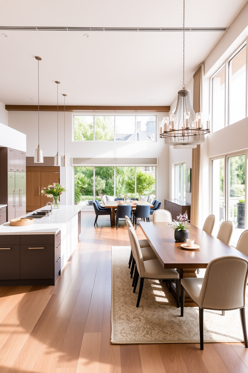 An open concept layout features a seamless flow between the kitchen and dining room, creating an inviting space for social gatherings. The kitchen boasts a large island with bar seating, complemented by sleek cabinetry and modern appliances. The dining area showcases a stylish table surrounded by elegant chairs, with a statement light fixture hanging above. Large windows allow natural light to flood the space, enhancing the warm and airy atmosphere.