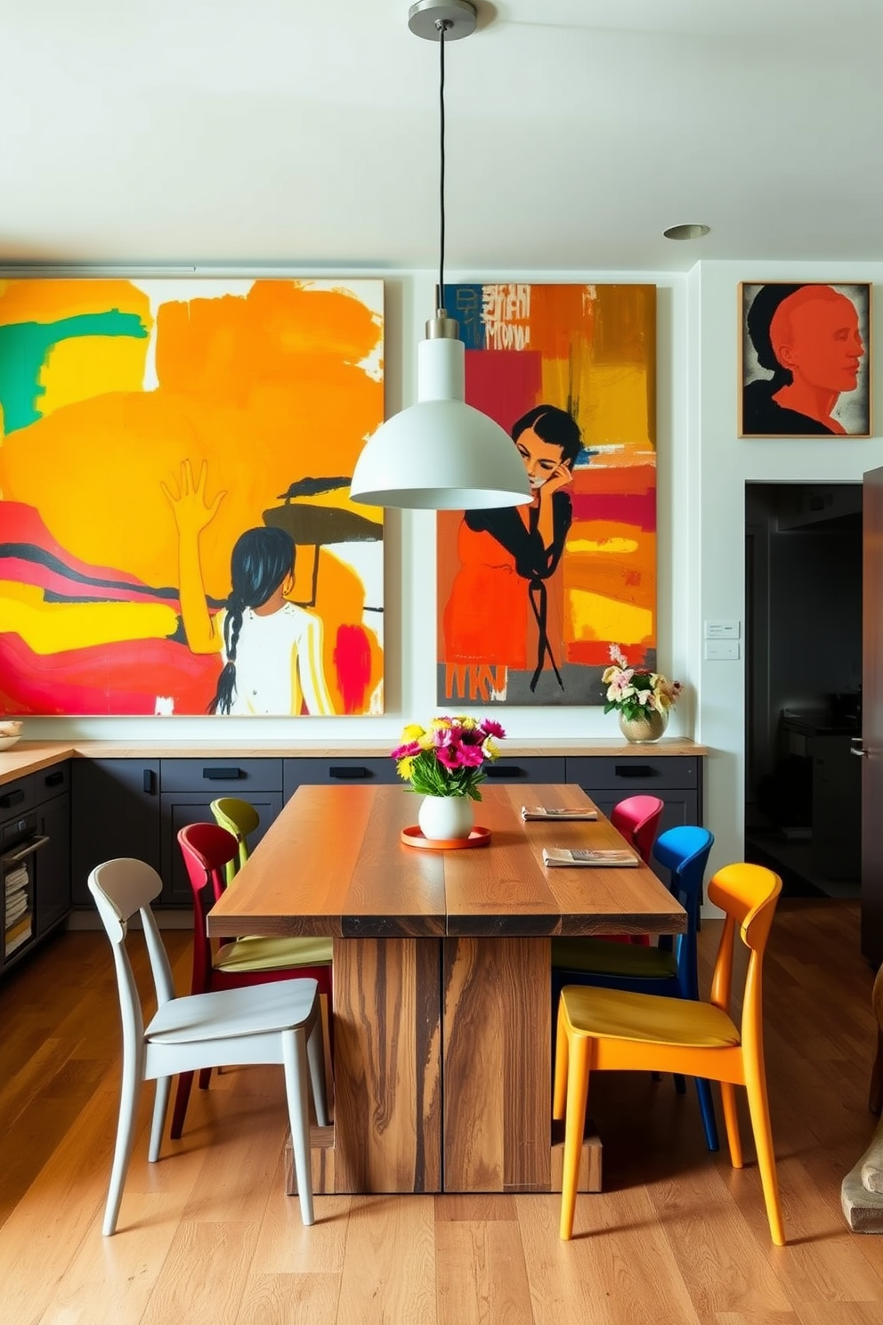 A vibrant kitchen dining room filled with colorful artwork. The walls are adorned with large, abstract paintings that feature bold hues and dynamic shapes, creating an energetic atmosphere. A sleek dining table made of reclaimed wood sits at the center, surrounded by mismatched chairs in various colors. A large pendant light hangs above the table, illuminating the space and highlighting the artwork on the walls.