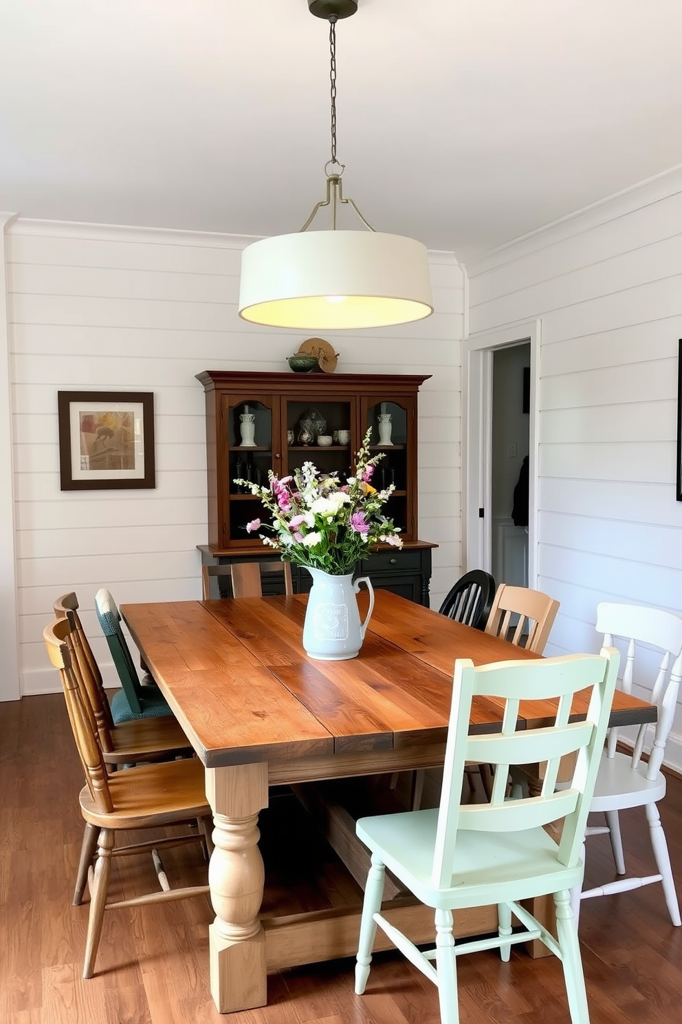 A rustic farmhouse table made of reclaimed wood takes center stage in the dining room. Surrounding the table are mismatched chairs in various styles and colors, adding a charming and eclectic feel to the space. The walls are adorned with shiplap, painted in a soft white hue, creating a warm and inviting atmosphere. A large pendant light hangs above the table, casting a warm glow over a centerpiece of wildflowers in a vintage pitcher.