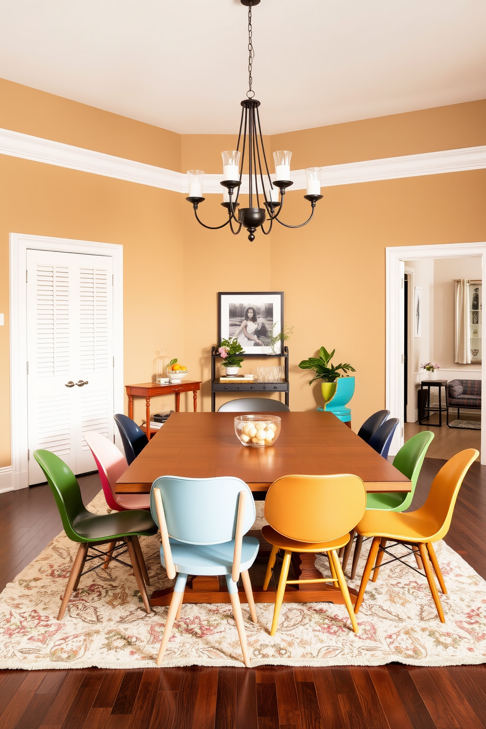 A vibrant dining room featuring a large wooden table surrounded by an eclectic mix of dining chairs in various colors and styles. The walls are painted in a warm beige tone, and a stylish chandelier hangs above the table, creating a welcoming atmosphere. A cozy corner showcases a small bar cart with decorative glassware and a couple of potted plants. The floor is adorned with a soft area rug that complements the color palette of the chairs, adding texture and warmth to the space.