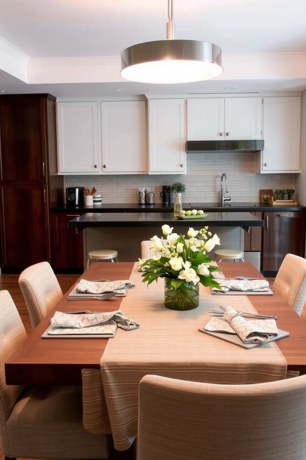 A stylish kitchen dining room that features subtle patterns in the textiles. The table is set with a textured tablecloth and patterned napkins that add depth and interest to the space. The dining chairs are upholstered in a soft fabric with a delicate geometric design. Above the table, a modern light fixture casts a warm glow, enhancing the inviting atmosphere of the room.