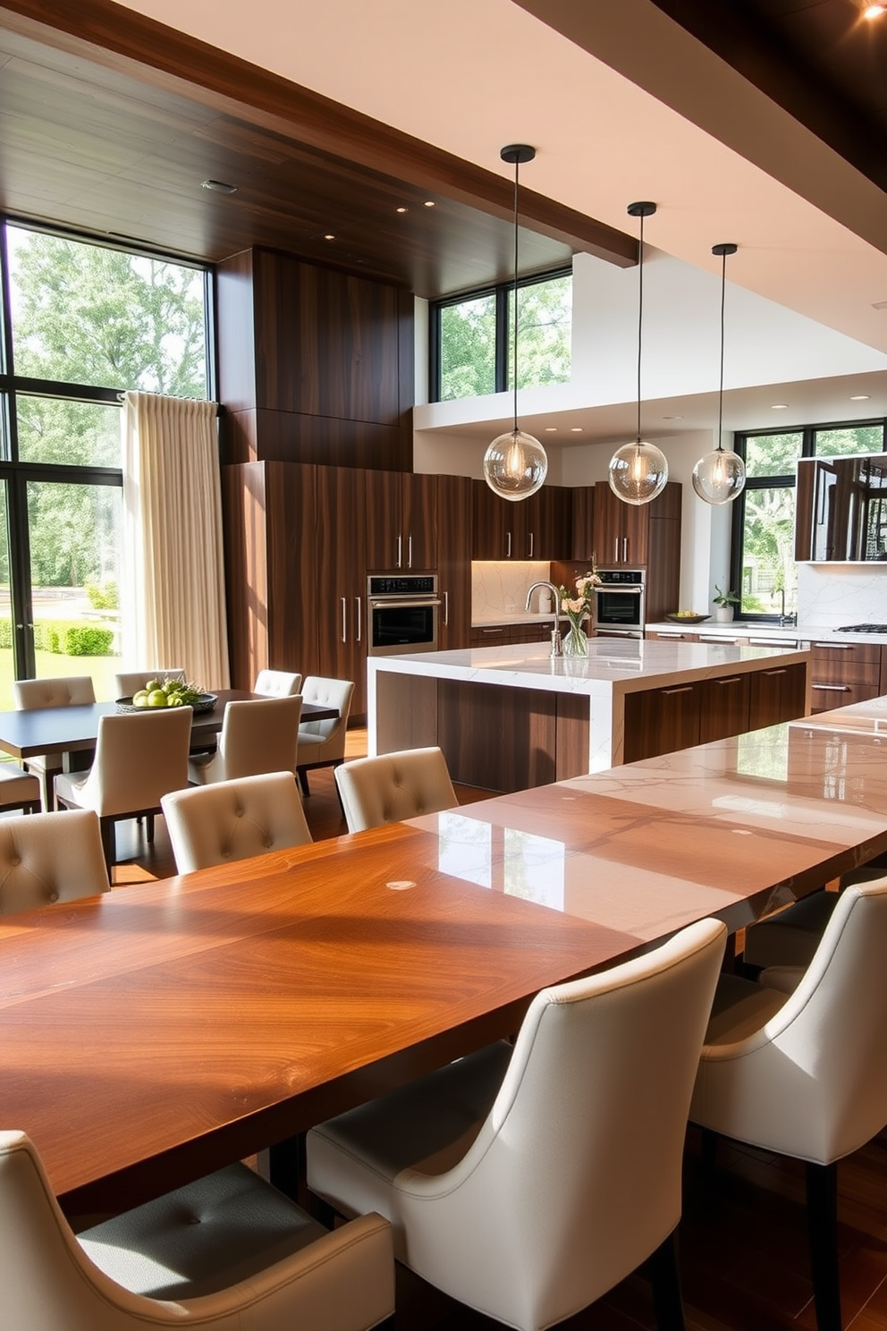 A modern kitchen dining room that exudes elegance. The space features a large wooden dining table surrounded by upholstered chairs, complemented by a stunning marble countertop on the adjacent kitchen island. The kitchen showcases sleek cabinetry with a glossy finish, and pendant lights hang above the island, creating a warm ambiance. Large windows allow natural light to flood the room, highlighting the beautiful contrast between the dark wood and the light marble.