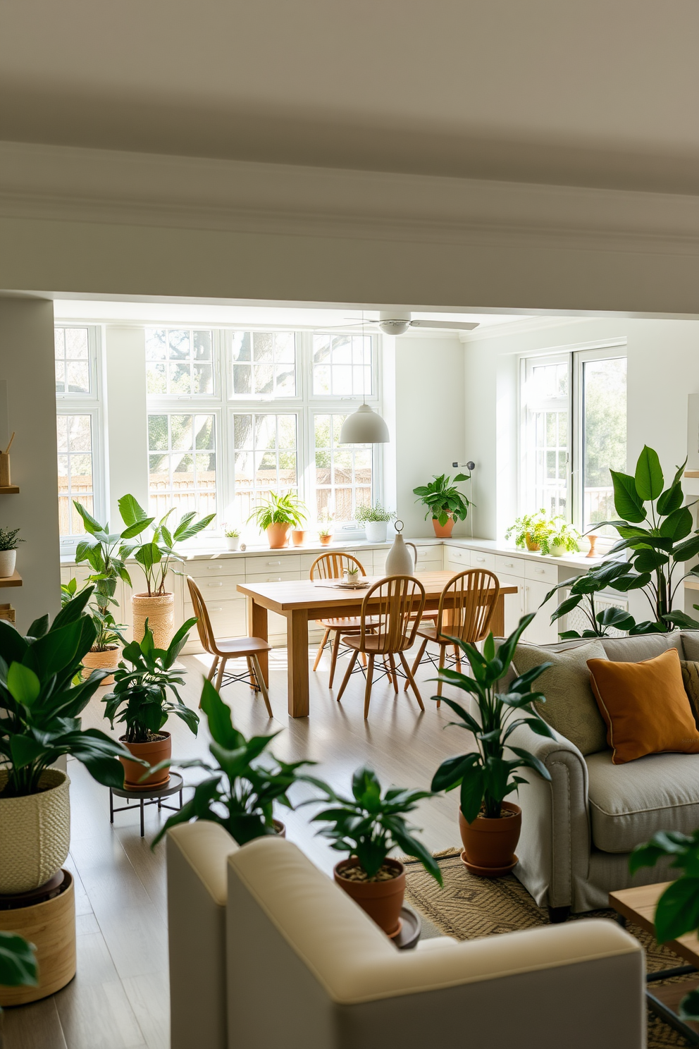 Create a bright and inviting kitchen dining room that features an open layout with natural light streaming in through large windows. Incorporate a wooden dining table surrounded by stylish chairs, and add indoor plants in decorative pots to enhance the fresh atmosphere. Include a cozy seating area with a plush sofa and a coffee table, where potted plants bring life to the space. Use a color palette of soft greens and warm neutrals to create a harmonious and welcoming environment.