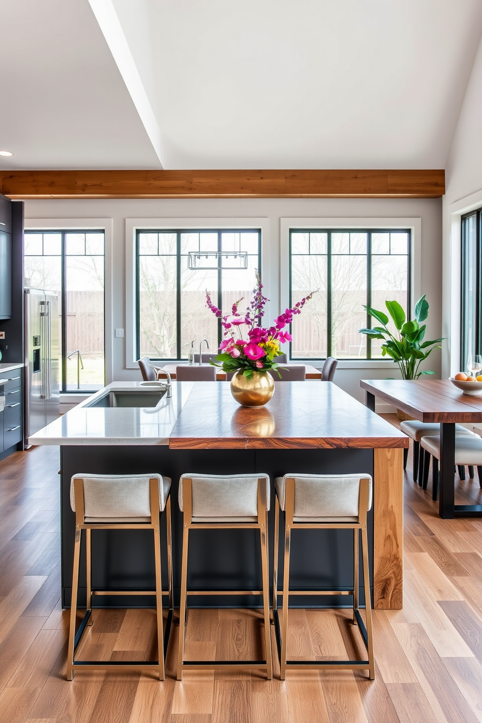 Contemporary stools line the kitchen island, featuring sleek metal frames and plush upholstery in a neutral tone. The island itself is topped with a polished quartz surface, surrounded by an open layout that encourages socializing and dining. The dining area boasts a modern table crafted from reclaimed wood, complemented by stylish chairs that enhance the overall aesthetic. Large windows allow natural light to flood the space, highlighting the carefully chosen decor and vibrant centerpiece.