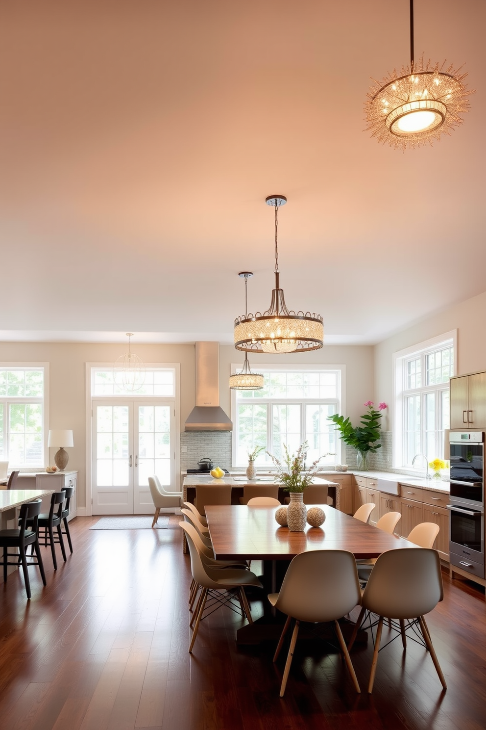 A spacious kitchen dining room featuring unique light fixtures as focal points. The dining table is surrounded by modern chairs, and a striking chandelier hangs above, casting a warm glow over the space. The walls are painted in a soft neutral tone, complementing the rich wood tones of the furniture. Large windows allow natural light to flood in, enhancing the inviting atmosphere of the room.