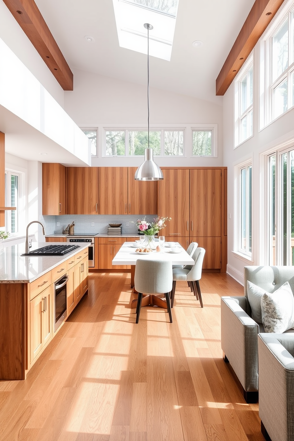 Functional layout for easy movement in a kitchen dining room. The space features an open floor plan with a large central island that includes seating for four, allowing for seamless interaction between cooking and dining areas. Natural light floods the room through large windows, enhancing the warm wood tones of the cabinetry and the soft white of the walls. A stylish dining table is positioned adjacent to the island, surrounded by comfortable upholstered chairs, creating an inviting atmosphere for family gatherings.