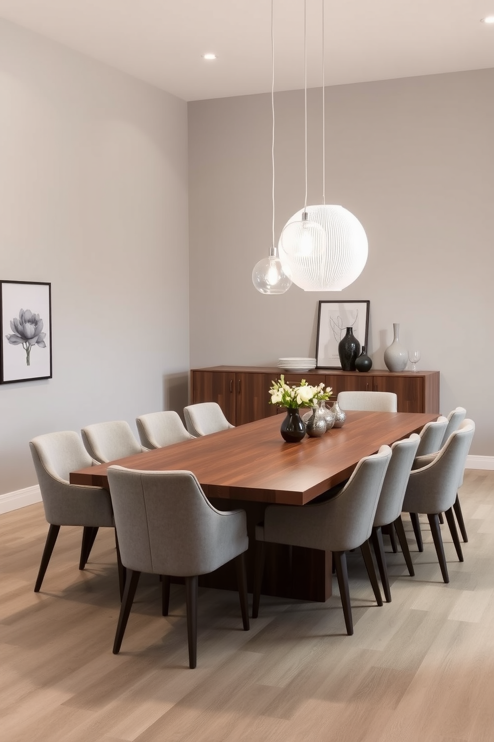 A modern dining room featuring a large wooden table surrounded by upholstered chairs. Above the table, bright pendant lights hang gracefully, illuminating the space with a warm glow. The walls are painted in a soft gray, creating a calm atmosphere. A stylish sideboard against one wall complements the overall design with decorative elements and tableware.