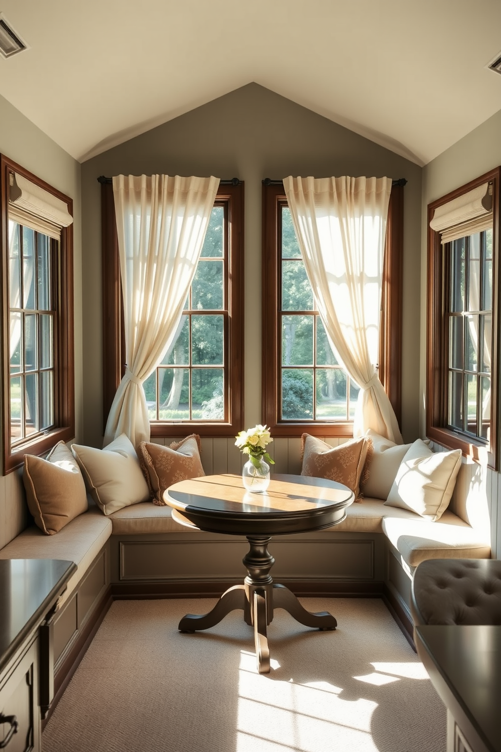 Cozy breakfast nook featuring built-in seating with plush cushions and a round wooden table. Sunlight streams in through large windows adorned with light curtains, creating a warm and inviting atmosphere.