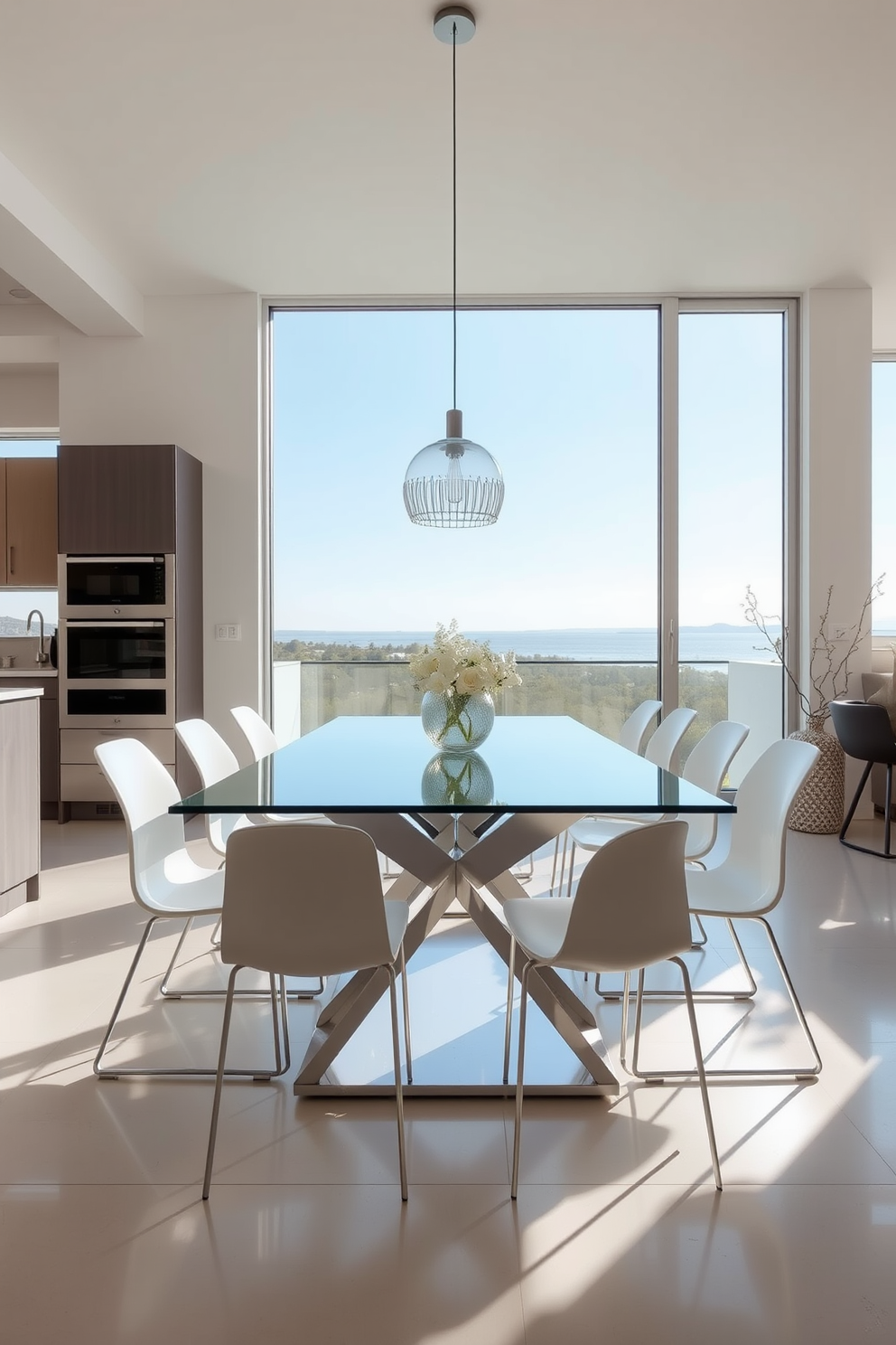 A modern glass dining table sits at the center of the kitchen dining room, surrounded by sleek, minimalist chairs that enhance the open atmosphere. Large windows allow natural light to flood the space, highlighting the elegant simplicity of the design. The walls are painted in a soft neutral tone, complementing the glass table and creating a harmonious balance. A statement pendant light hangs above the table, adding a touch of sophistication to the inviting dining area.