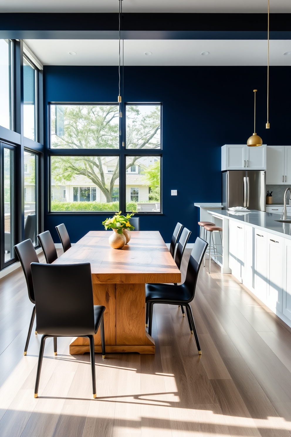 A modern kitchen dining room featuring a bold accent wall in a deep navy blue. The dining table is made of reclaimed wood, surrounded by sleek black chairs with gold accents. Large windows allow natural light to flood the space, highlighting the vibrant wall color. The kitchen area includes stainless steel appliances and white cabinetry, creating a striking contrast with the dark wall.